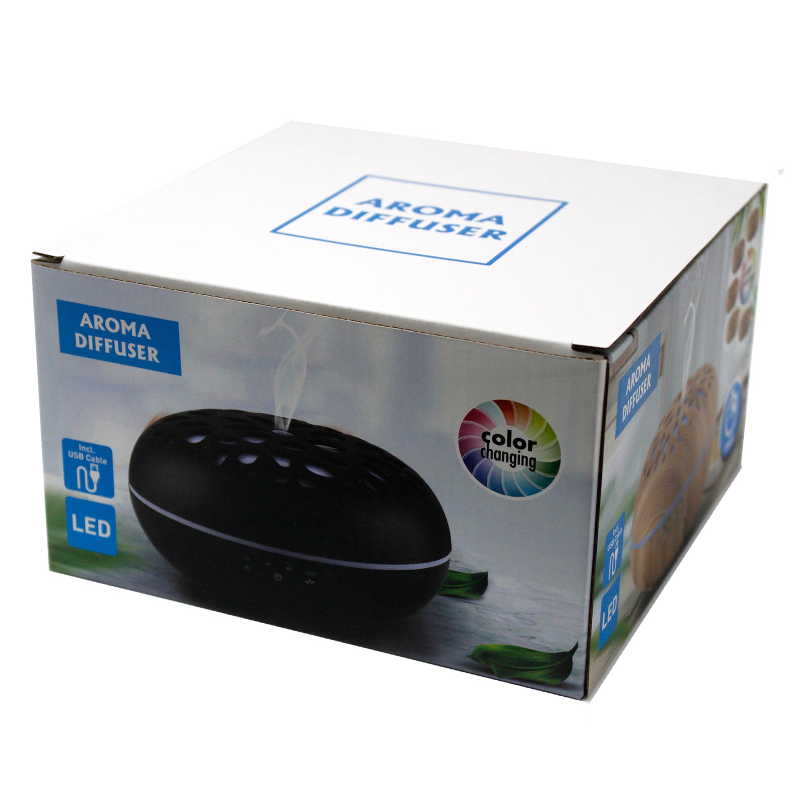 Colour-Changing USB Aroma Diffuser - Oslo Pebble shown as a black oval model on a white box marked Aroma Diffuser by Quintessential Holistic Health Ltd