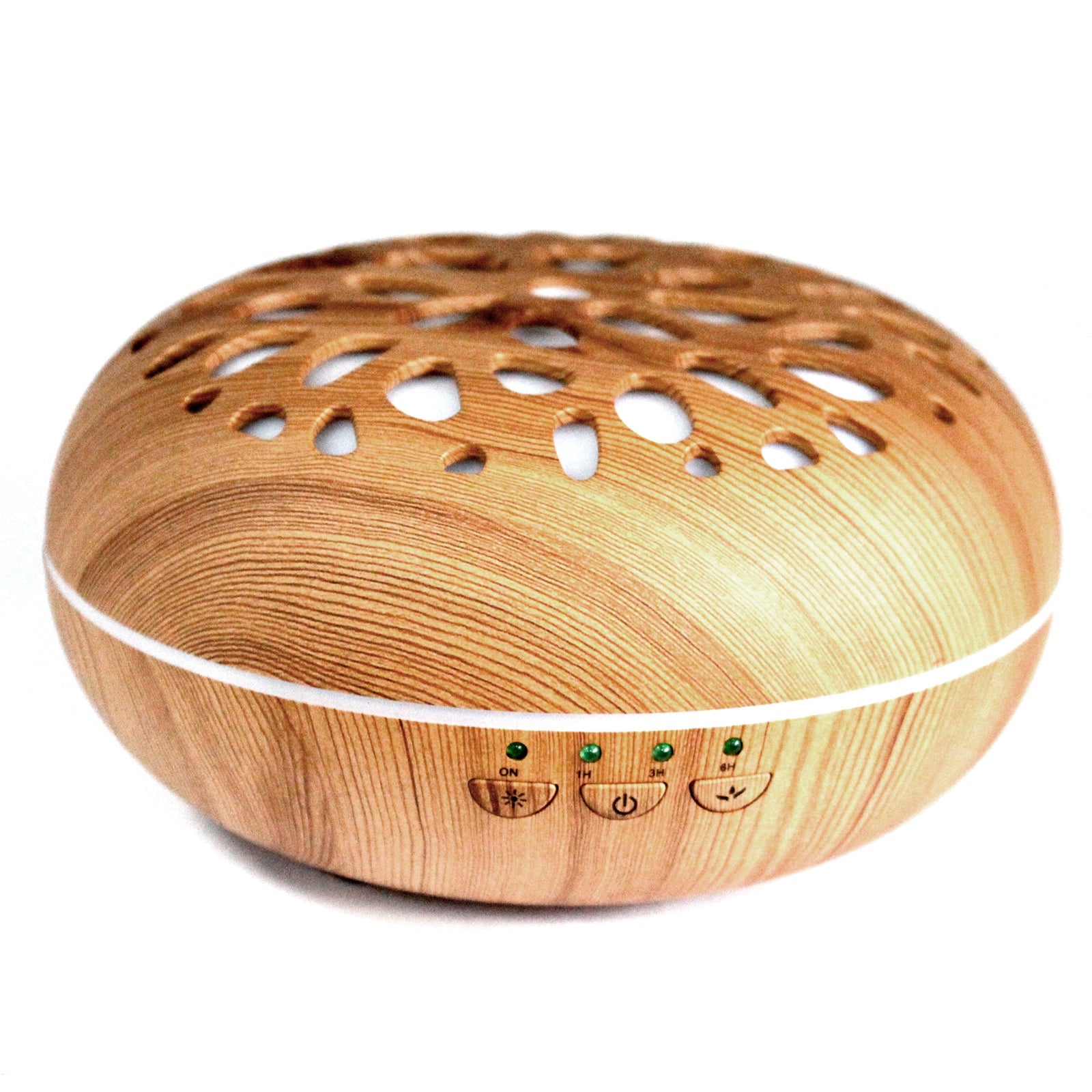 Colour-Changing USB Aroma Diffuser - Oslo Pebble with a light wood-effect oval body, leaf-shaped cutouts and control buttons by Quintessential Holistic Health Ltd