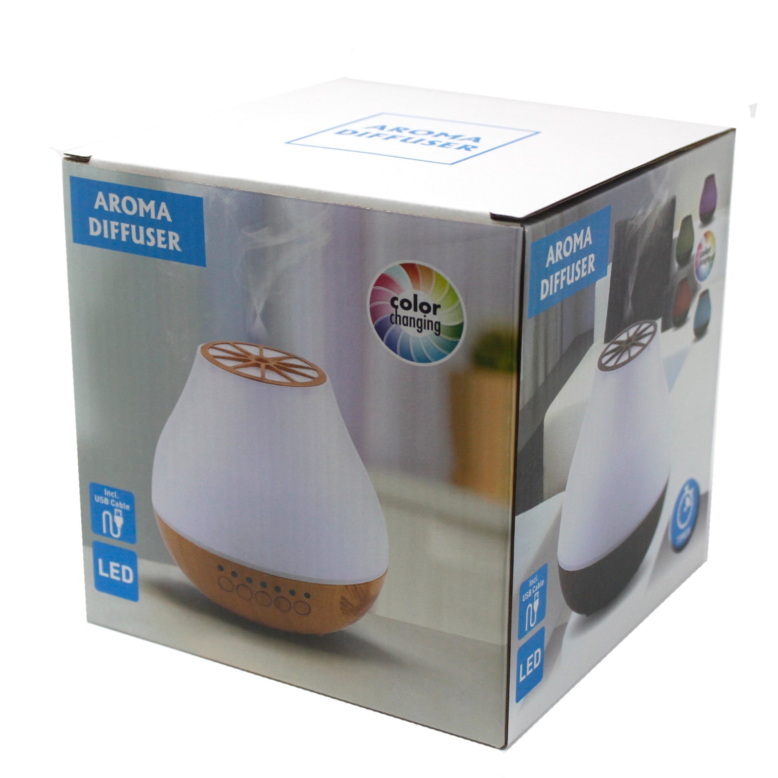 Colour-Changing USB Bluetooth Speaker Aroma Diffuser - Viennese in a retail box with product images and a clear display window by Quintessential Holistic Health Ltd