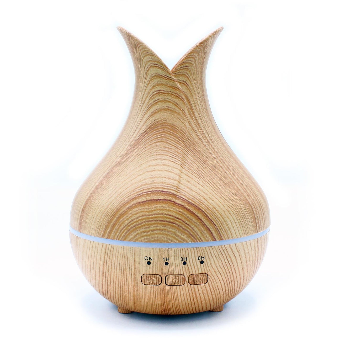 Colour-Changing USB Aroma Diffuser - Palermo with a light wood-effect teardrop body, curved open top, white light band and three buttons by Quintessential Holistic Health Ltd