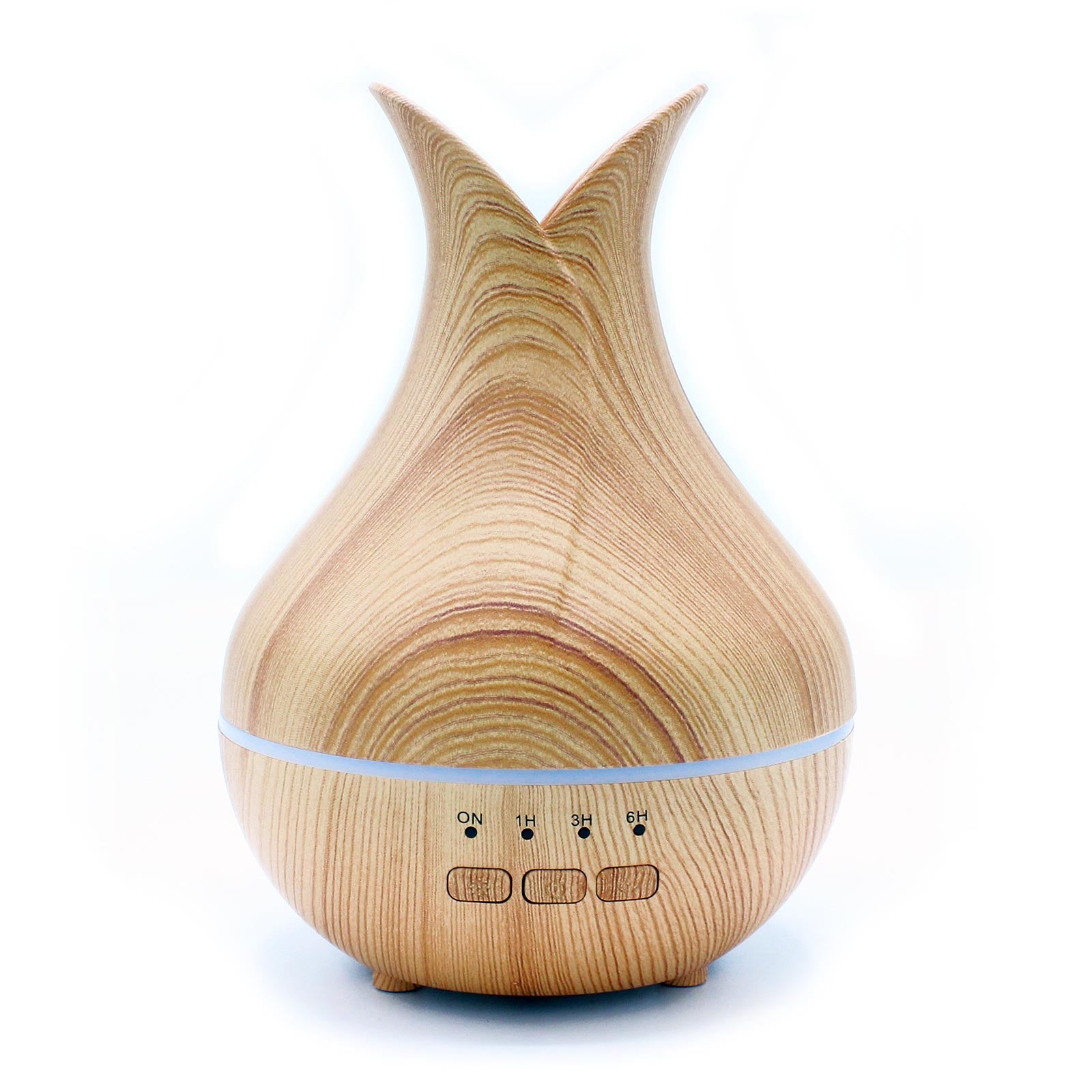 Colour-Changing USB Aroma Diffuser - Palermo with a light wood-effect teardrop body, curved open top, white light band and three buttons by Quintessential Holistic Health Ltd