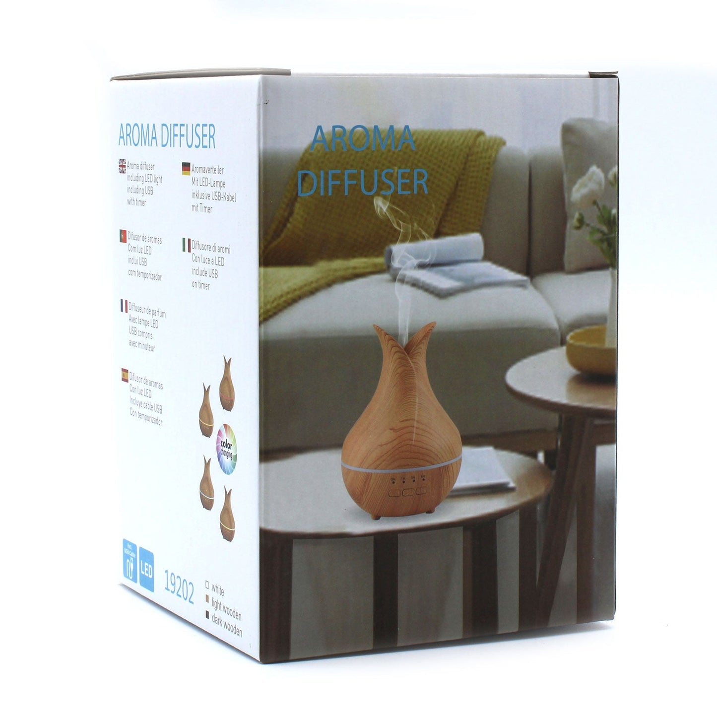 Colour-Changing USB Aroma Diffuser - Palermo shown as a wood-effect teardrop model on a box marked Aroma Diffuser by Quintessential Holistic Health Ltd