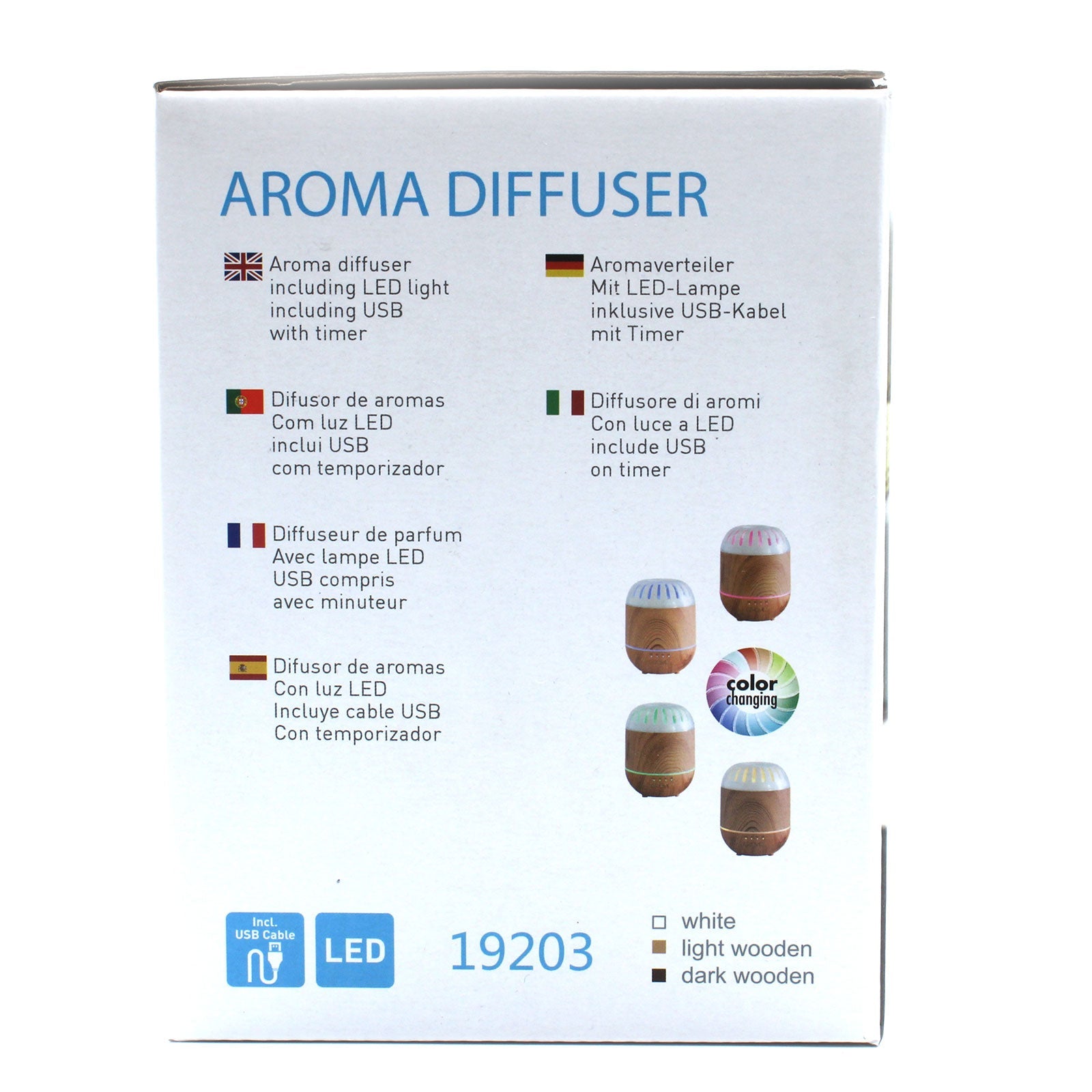 Colour-Changing USB Aroma Diffuser - Palermo, retail box panel showing colour options and model number 19203, by Quintessential Holistic Health Ltd
