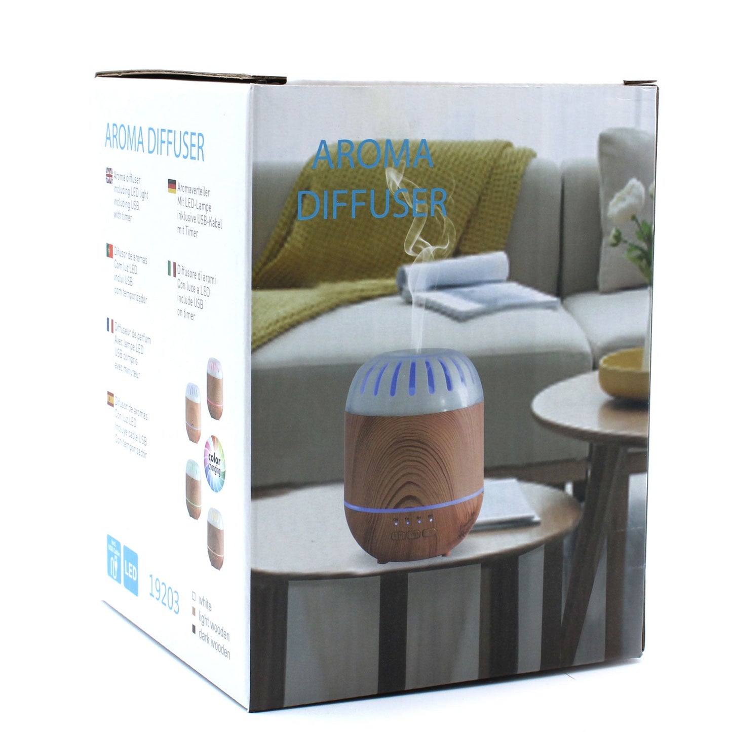 Colour-Changing USB Aroma Diffuser - Copenhagen with a compact wood-effect body pictured beside its illustrated box by Quintessential Holistic Health Ltd