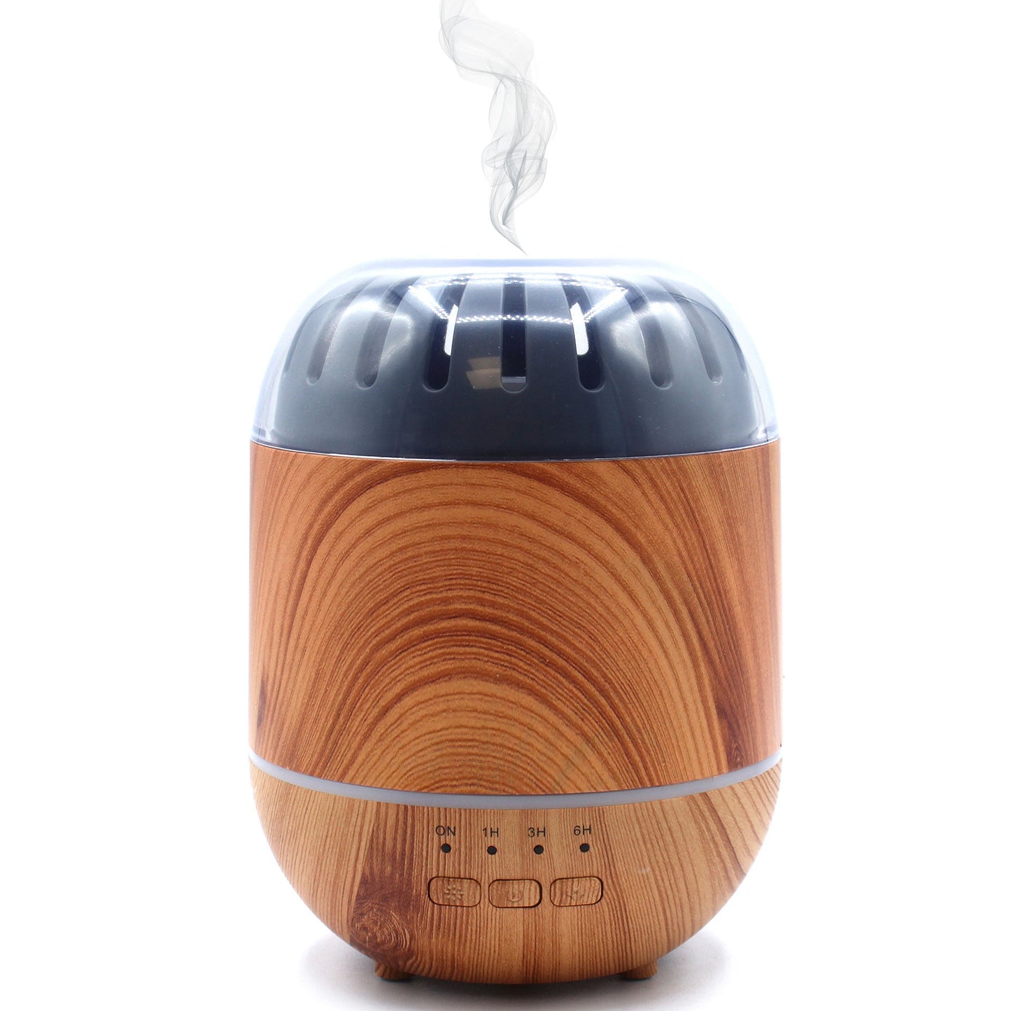 Colour-Changing USB Aroma Diffuser - Copenhagen with a wood-effect cylindrical body, dark vented top and visible mist by Quintessential Holistic Health Ltd