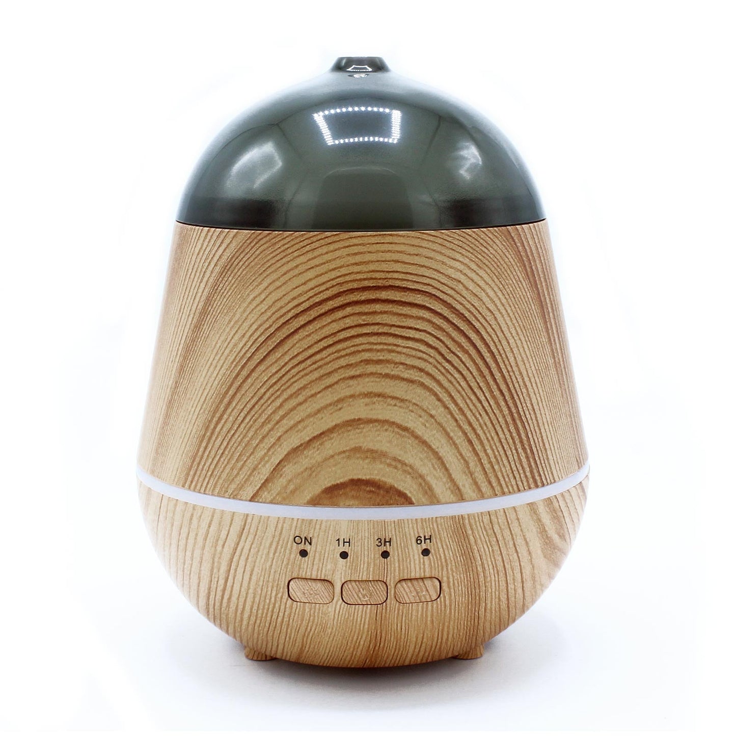 Colour-Changing USB Aroma Diffuser - Marseille with a pale wood-grain body, dark grey domed top, white light band and three buttons by Quintessential Holistic Health Ltd