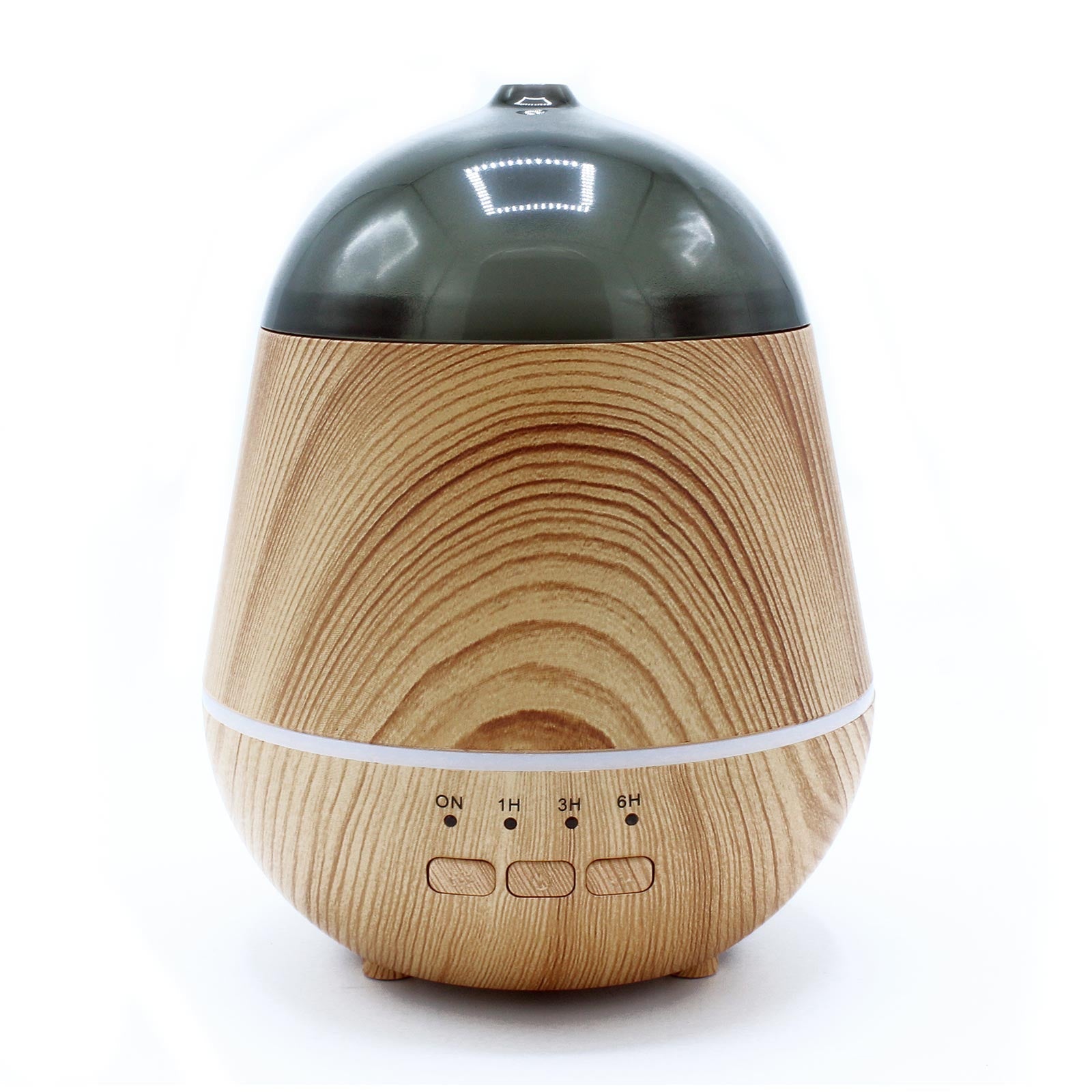 Colour-Changing USB Aroma Diffuser - Marseille with a pale wood-grain body, dark grey domed top, white light band and three buttons by Quintessential Holistic Health Ltd