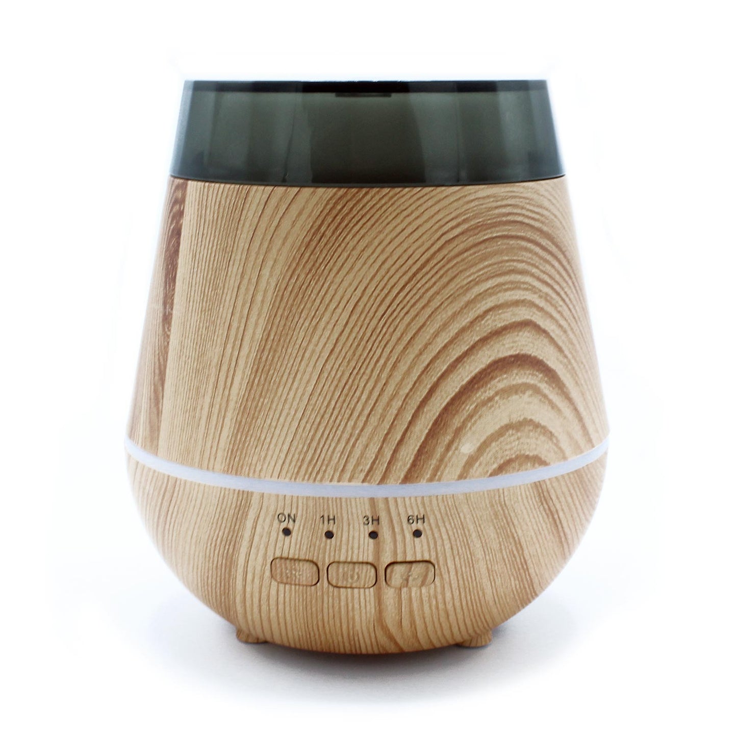 Colour-Changing USB Aroma Diffuser - Helsinki, wood-grain diffuser with dark translucent top, white light band and three front buttons by Quintessential Holistic Health Ltd