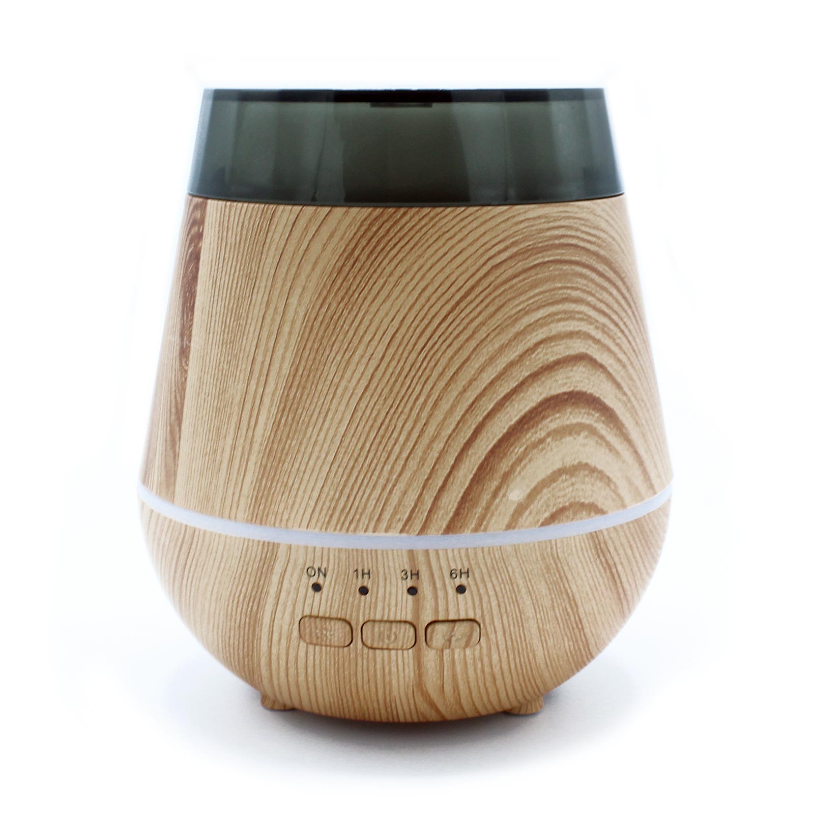 Colour-Changing USB Aroma Diffuser - Helsinki, wood-grain diffuser with dark translucent top, white light band and three front buttons by Quintessential Holistic Health Ltd