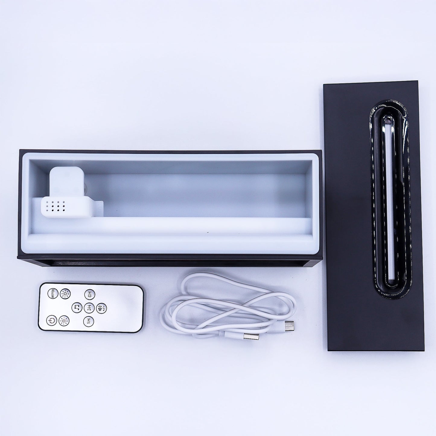 Colour-Change USB Aroma Diffuser – Black Flame Effect & Bird Sound, open unit with remote, white cable and detached top panel by Quintessential Holistic Health Ltd