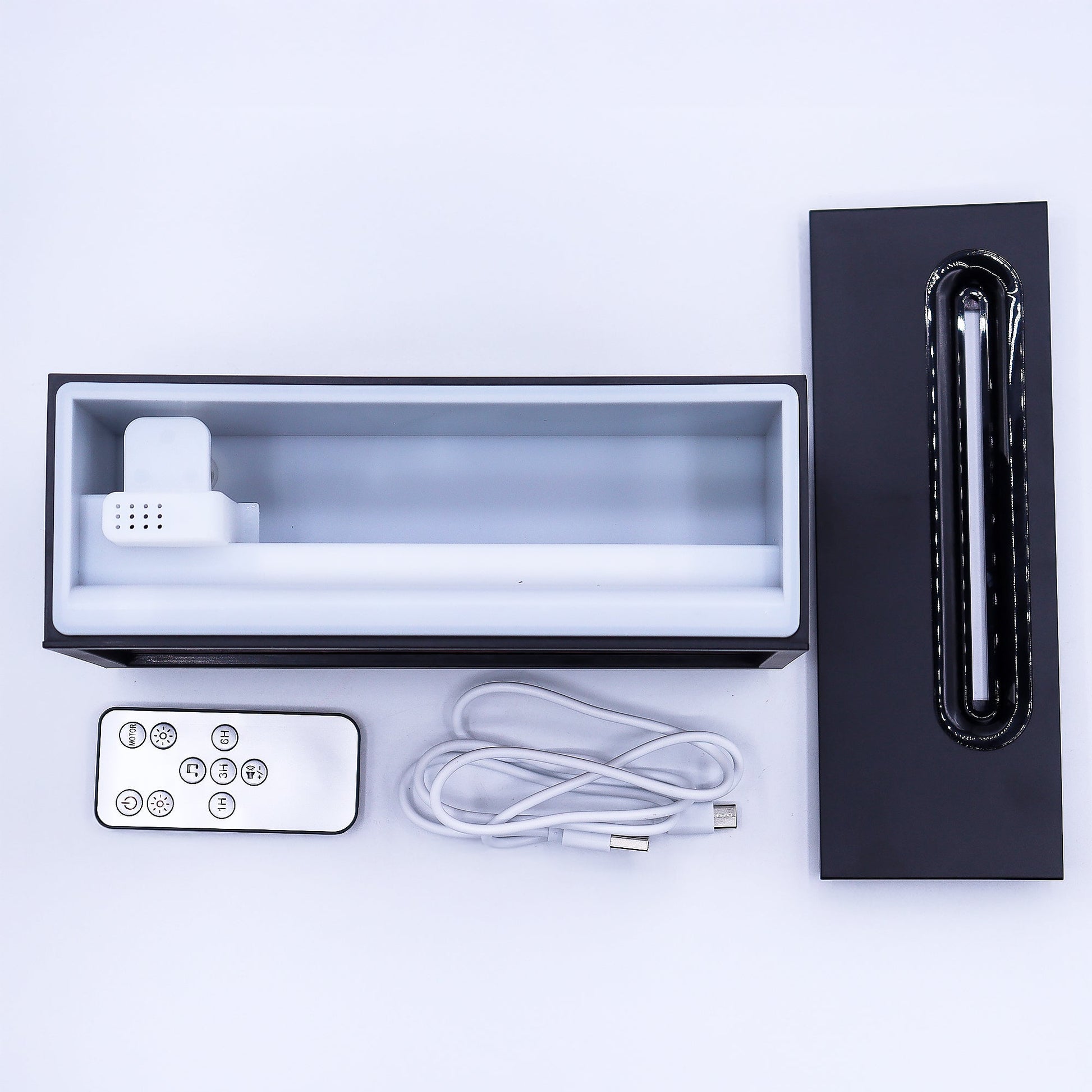 Colour-Change USB Aroma Diffuser – Black Flame Effect & Bird Sound, open unit with remote, white cable and detached top panel by Quintessential Holistic Health Ltd