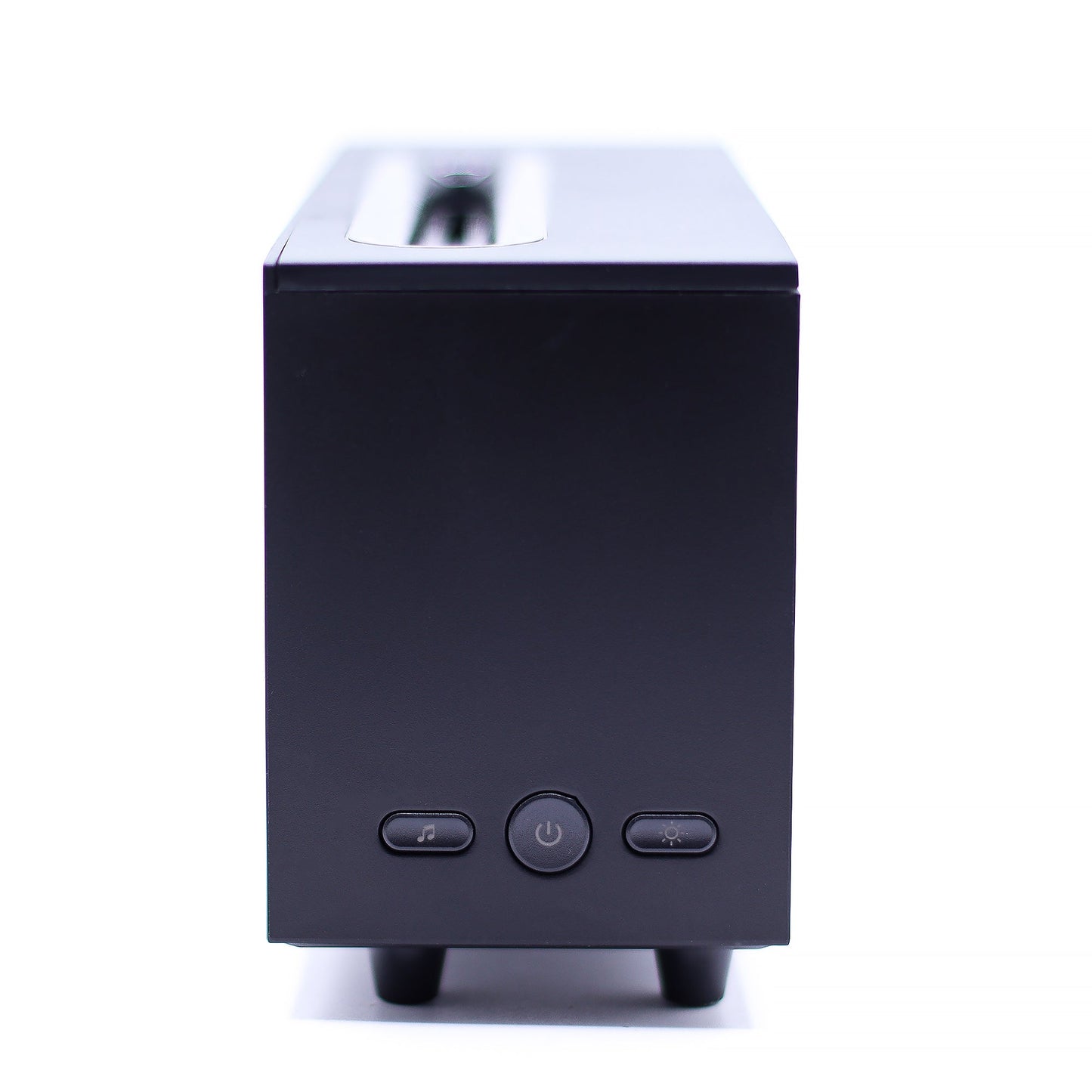 Colour-Change USB Aroma Diffuser – Black Flame Effect & Bird Sound, end view showing three round controls and a recessed top opening by Quintessential Holistic Health Ltd