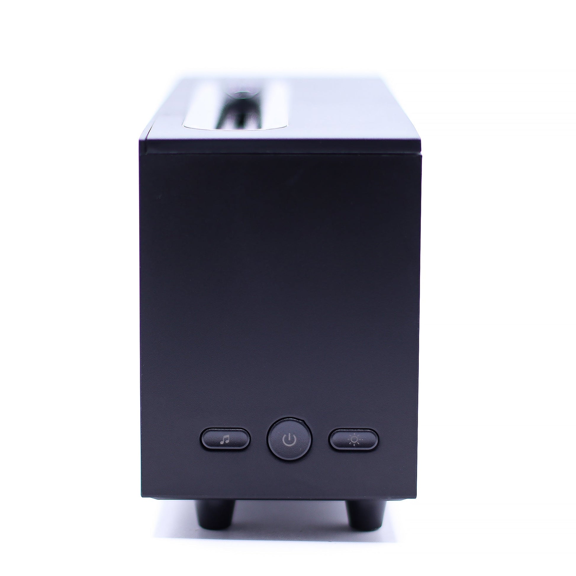 Colour-Change USB Aroma Diffuser – Black Flame Effect & Bird Sound, end view showing three round controls and a recessed top opening by Quintessential Holistic Health Ltd