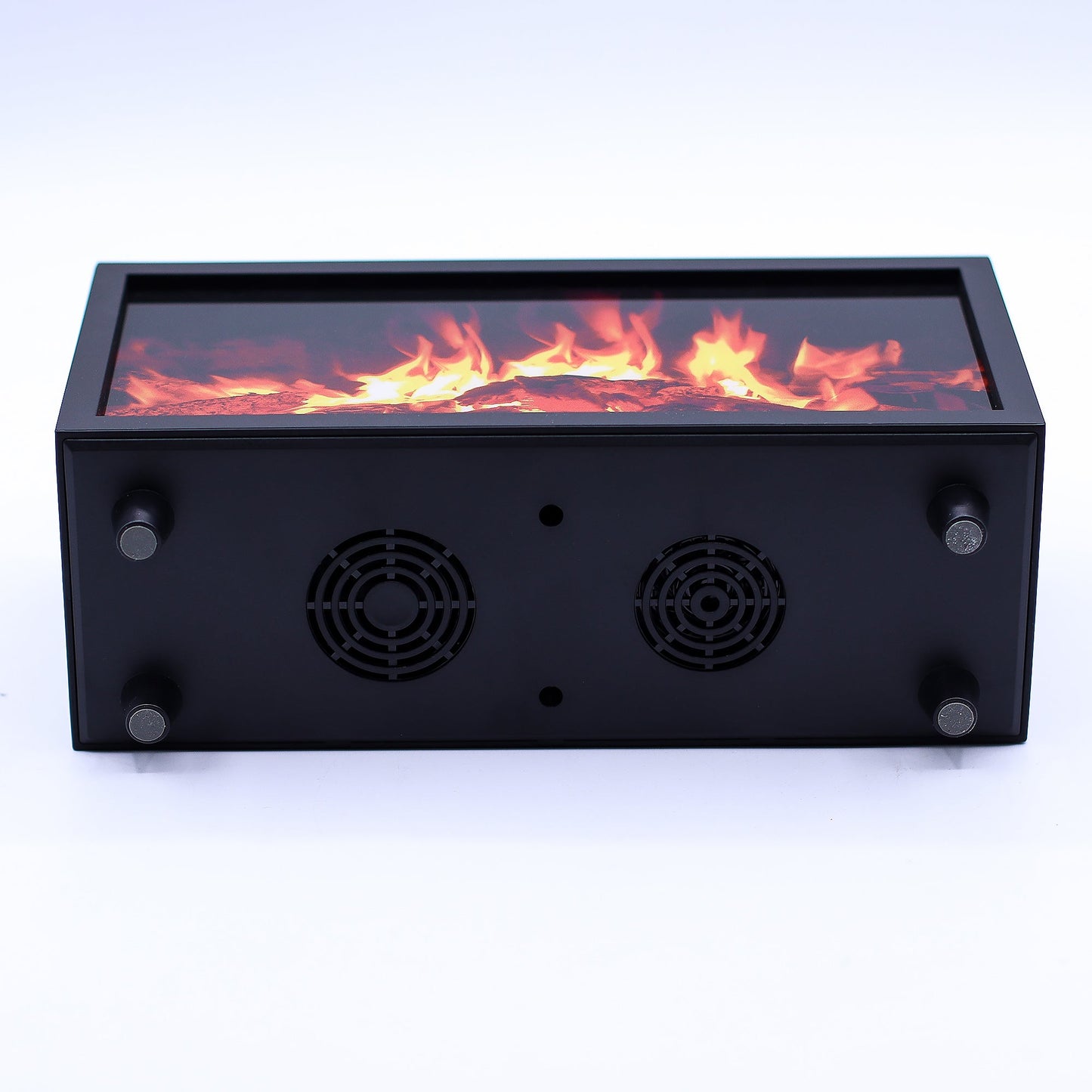 Colour-Change USB Aroma Diffuser – Black Flame Effect & Bird Sound, glowing top panel above two circular fans and four feet by Quintessential Holistic Health Ltd