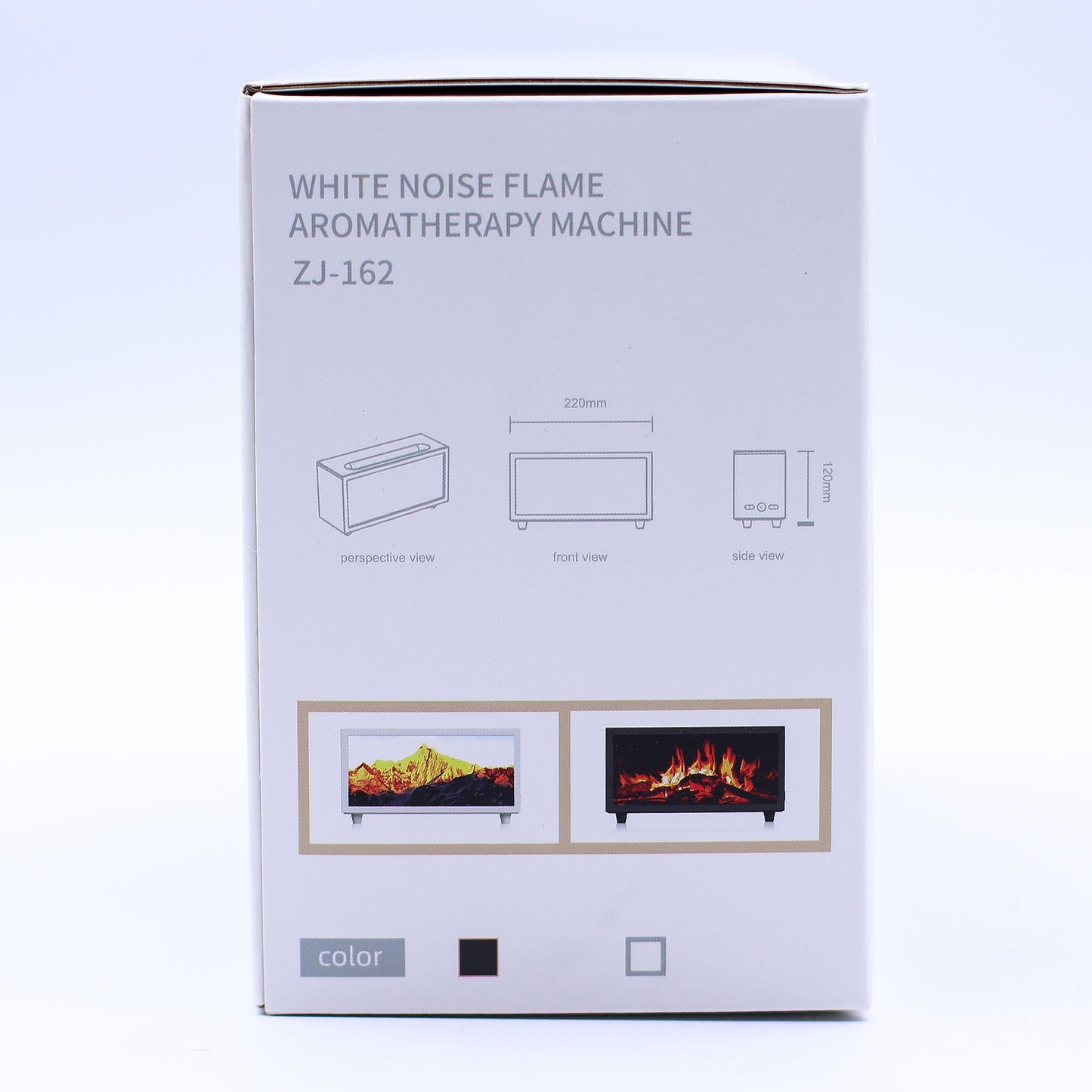 Colour-Change USB Aroma Diffuser – Black Flame Effect & Bird Sound, white product box with diagrams and black and white colour options by Quintessential Holistic Health Ltd