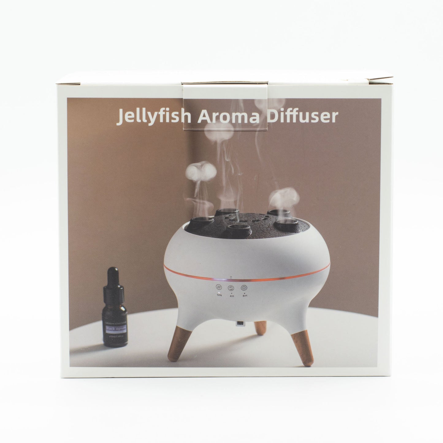 Colour-Changing USB Jellyfish Puff-Effect Aroma Diffuser with Remote, pictured on the front of its Jellyfish Aroma Diffuser box by Quintessential Holistic Health Ltd