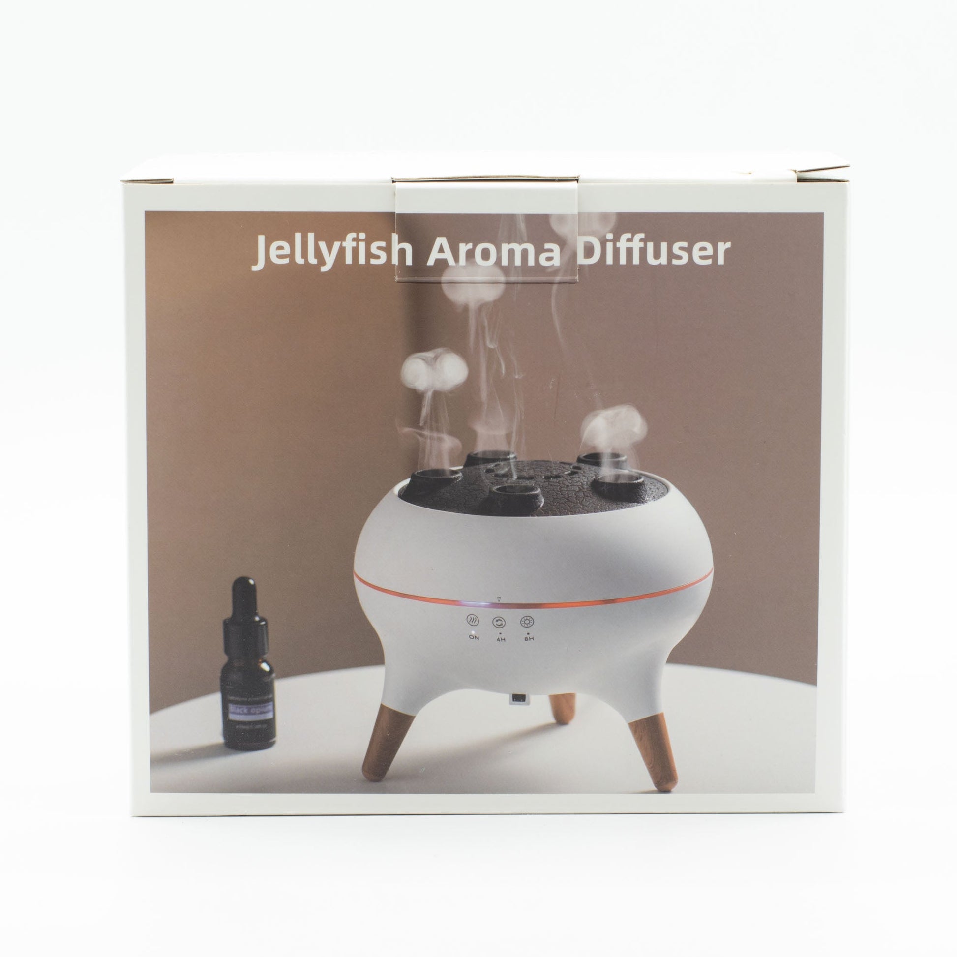 Colour-Changing USB Jellyfish Puff-Effect Aroma Diffuser with Remote, pictured on the front of its Jellyfish Aroma Diffuser box by Quintessential Holistic Health Ltd