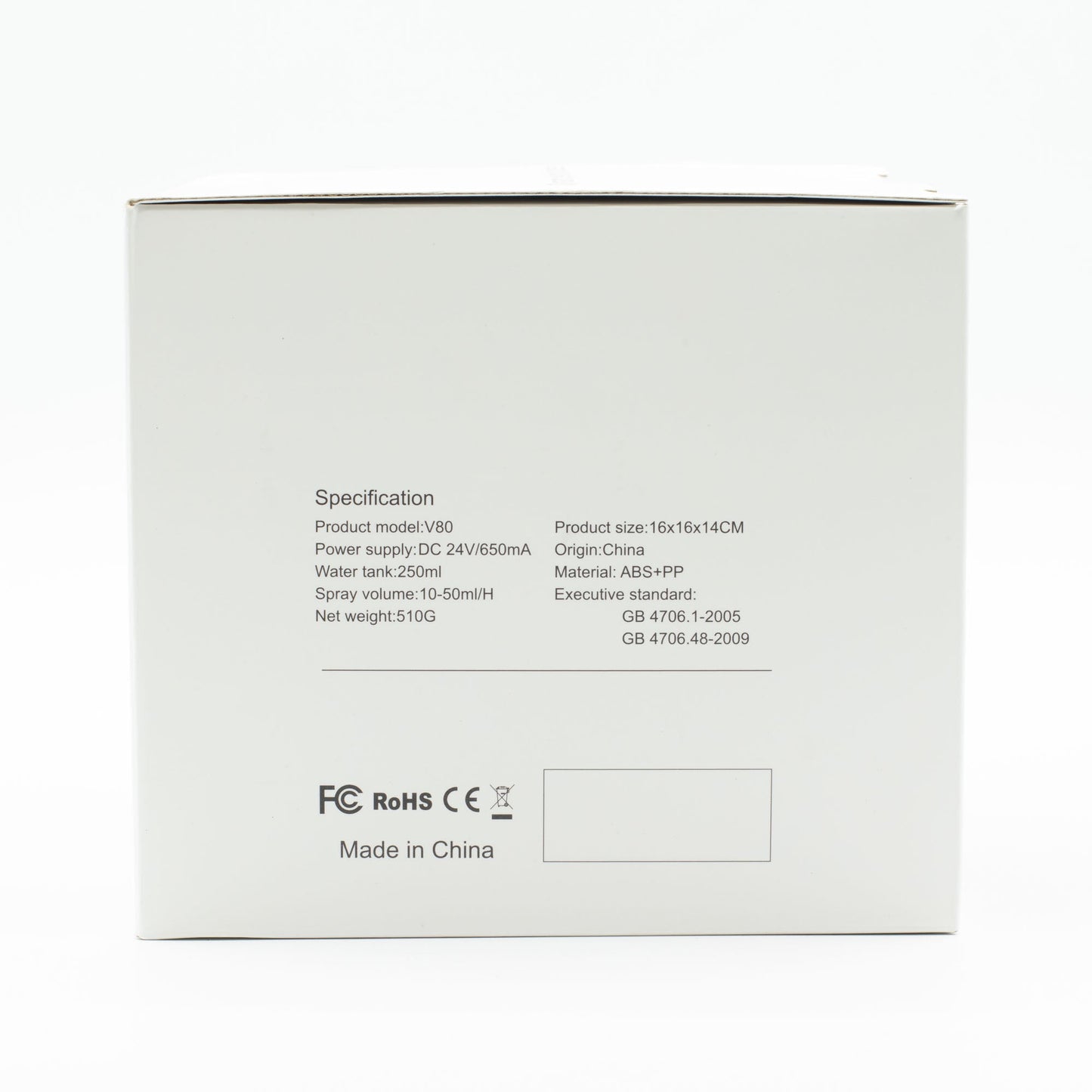 Colour-Changing USB Jellyfish Puff-Effect Aroma Diffuser with Remote, shown by the specification panel and certification marks on its box by Quintessential Holistic Health Ltd