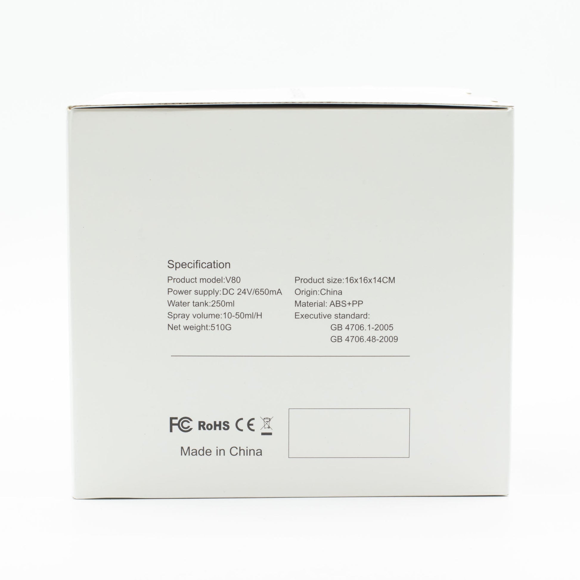 Colour-Changing USB Jellyfish Puff-Effect Aroma Diffuser with Remote, shown by the specification panel and certification marks on its box by Quintessential Holistic Health Ltd