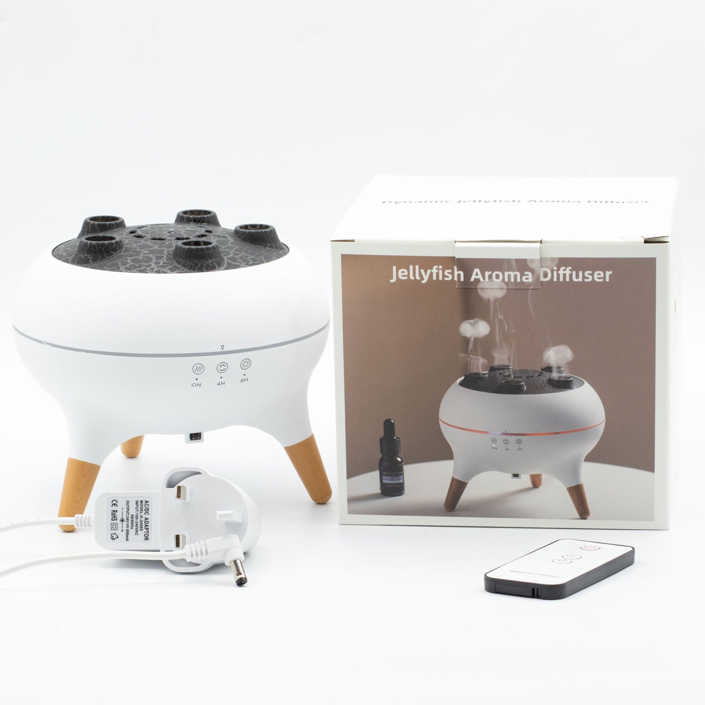 Colour-Changing USB Jellyfish Puff-Effect Aroma Diffuser with Remote, shown with its printed box, cable, plug and remote by Quintessential Holistic Health Ltd