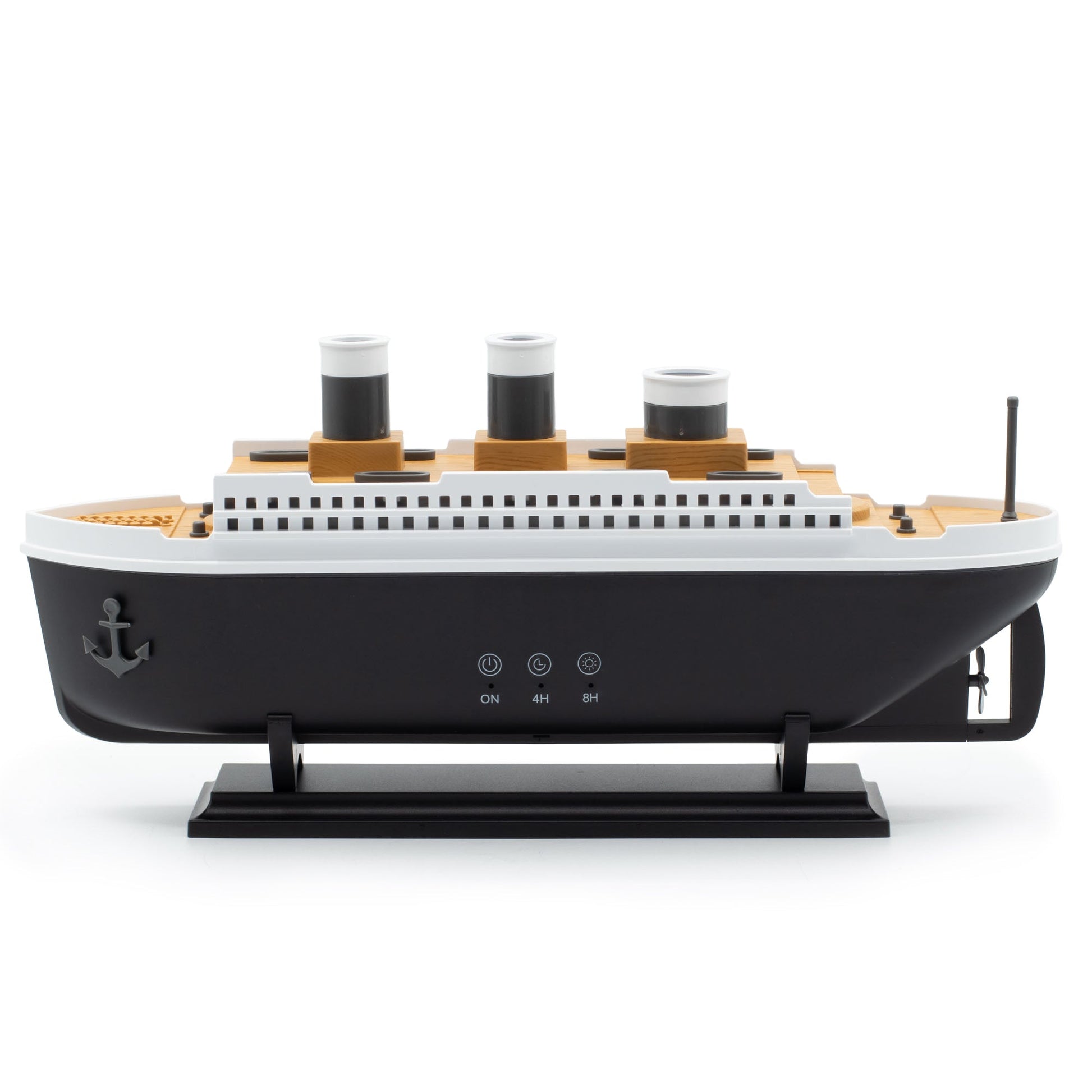 Colour-Changing USB Aroma Diffuser - Ship with Puff Effect, with a black hull, anchor emblem, gold deck and three funnels, by Quintessential Holistic Health Ltd