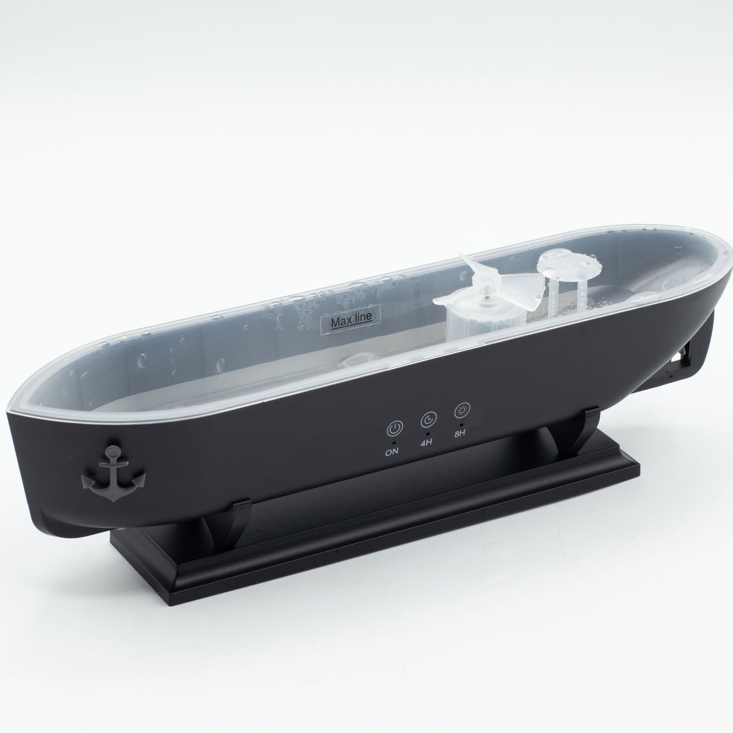 Colour-Changing USB Aroma Diffuser - Ship with Puff Effect, showing the open grey basin inside the black ship-shaped body, by Quintessential Holistic Health Ltd