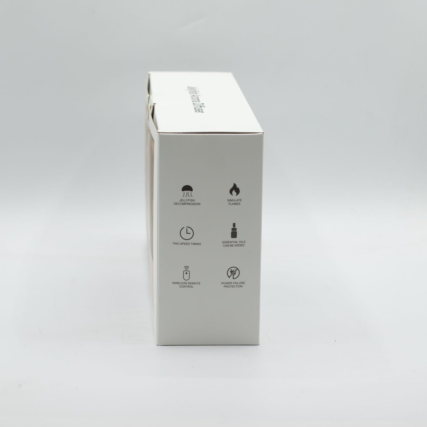 Colour-Changing USB Aroma Diffuser - Ship with Puff Effect, narrow white box panel with small printed feature symbols, by Quintessential Holistic Health Ltd