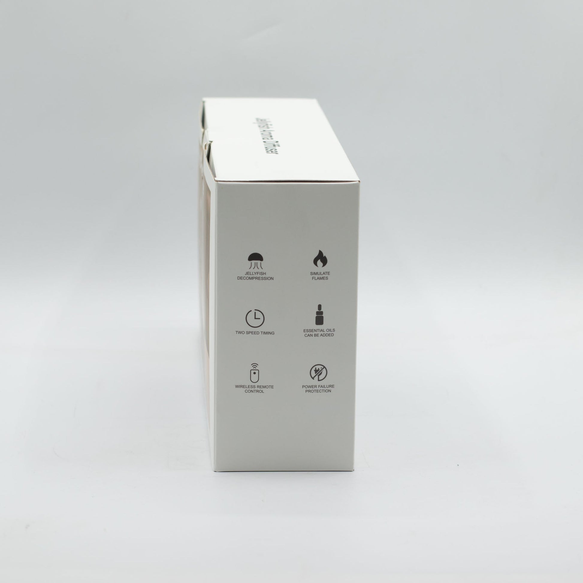 Colour-Changing USB Aroma Diffuser - Ship with Puff Effect, narrow white box panel with small printed feature symbols, by Quintessential Holistic Health Ltd