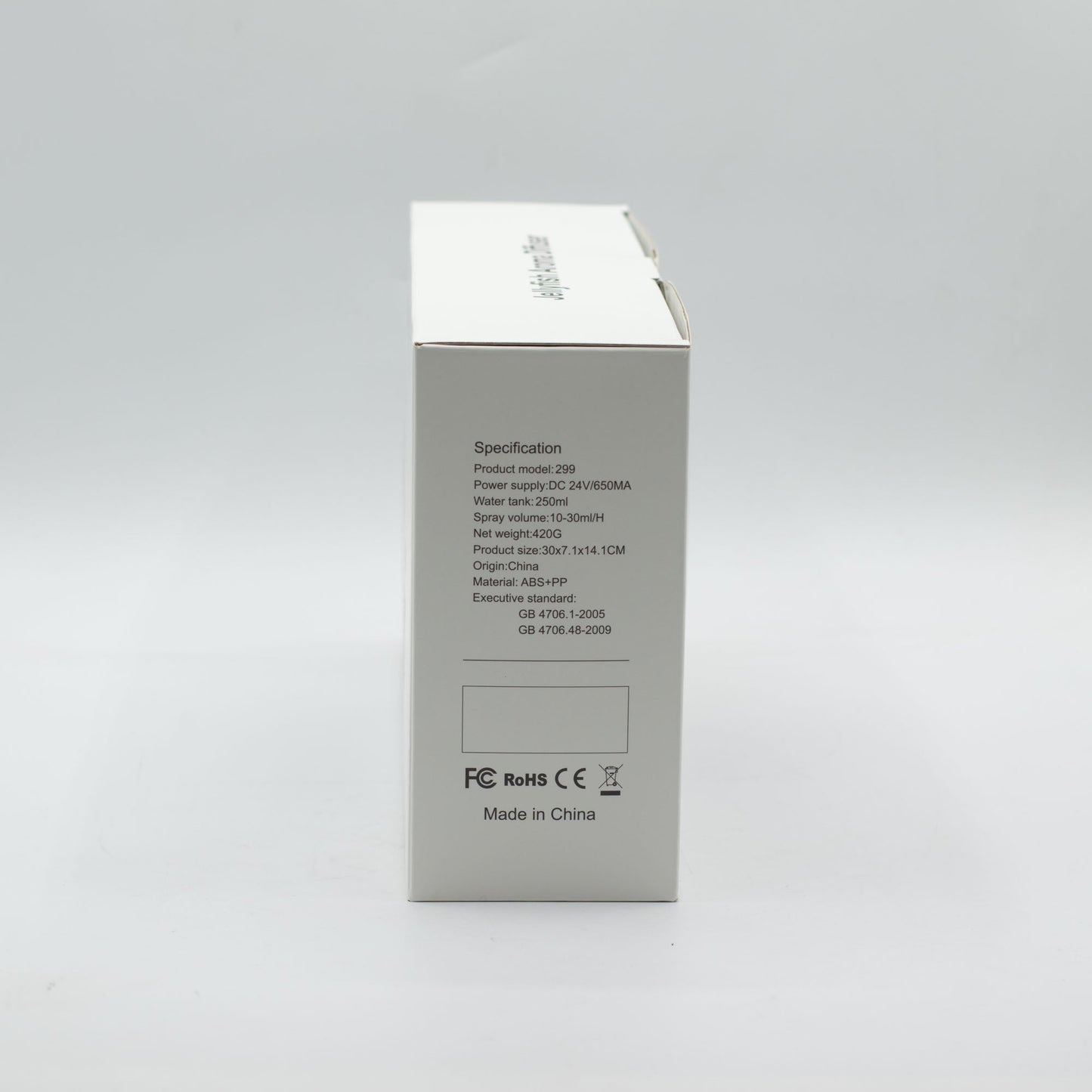 Colour-Changing USB Aroma Diffuser - Ship with Puff Effect, narrow white box panel with product text and certification marks, by Quintessential Holistic Health Ltd
