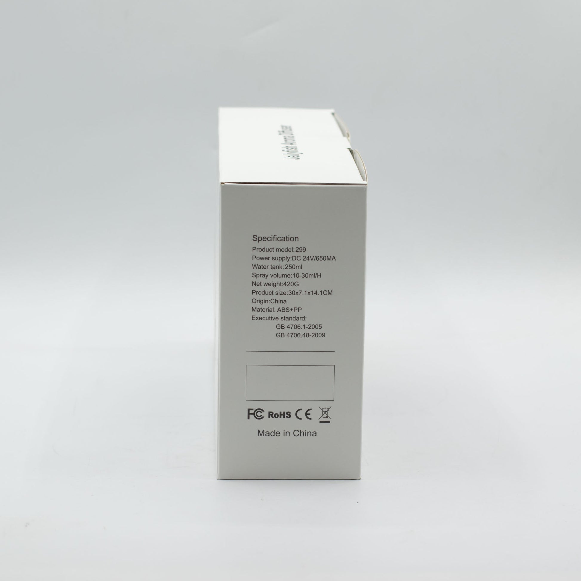 Colour-Changing USB Aroma Diffuser - Ship with Puff Effect, narrow white box panel with product text and certification marks, by Quintessential Holistic Health Ltd