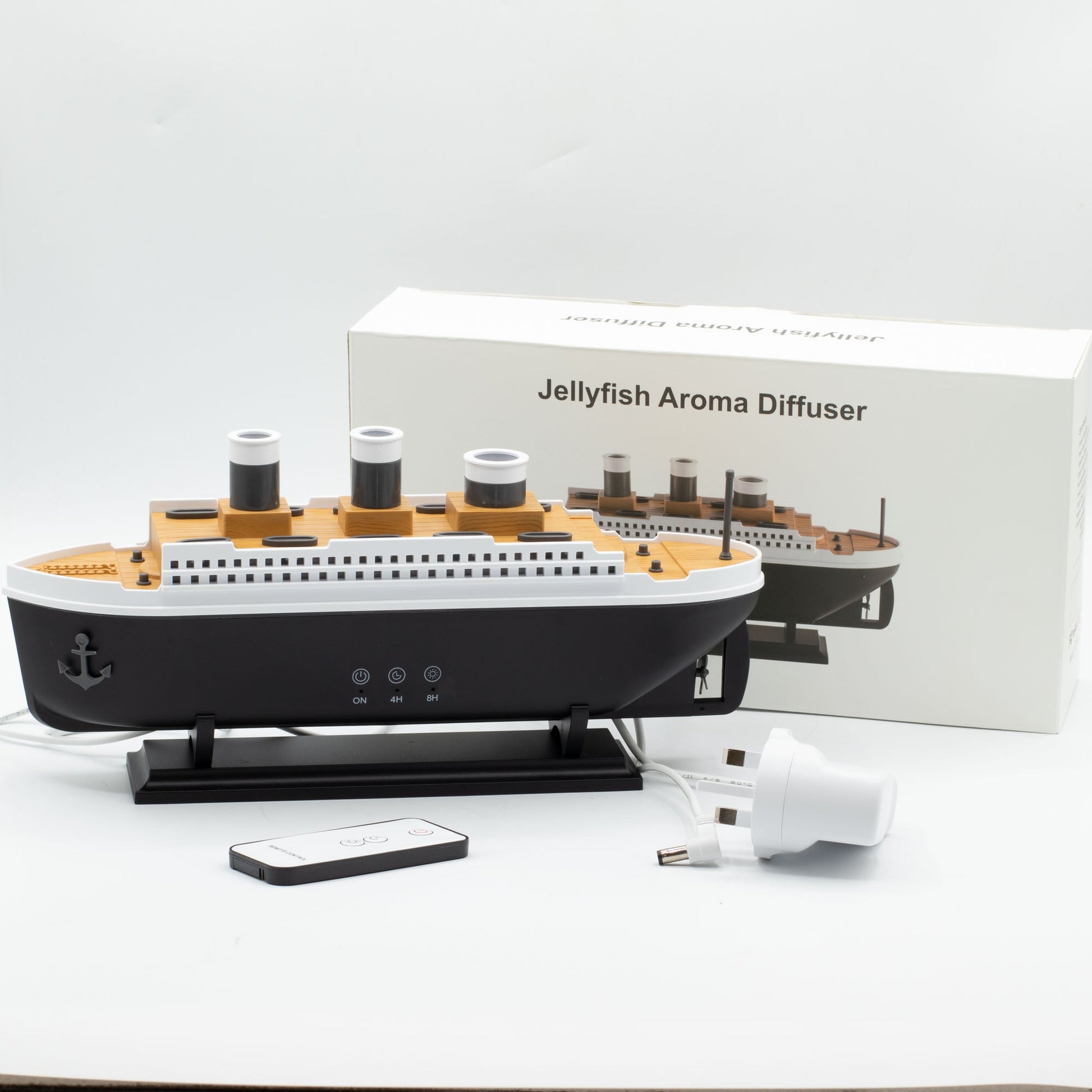 Colour-Changing USB Aroma Diffuser - Ship with Puff Effect, displayed with a white box, remote control and white cable, by Quintessential Holistic Health Ltd