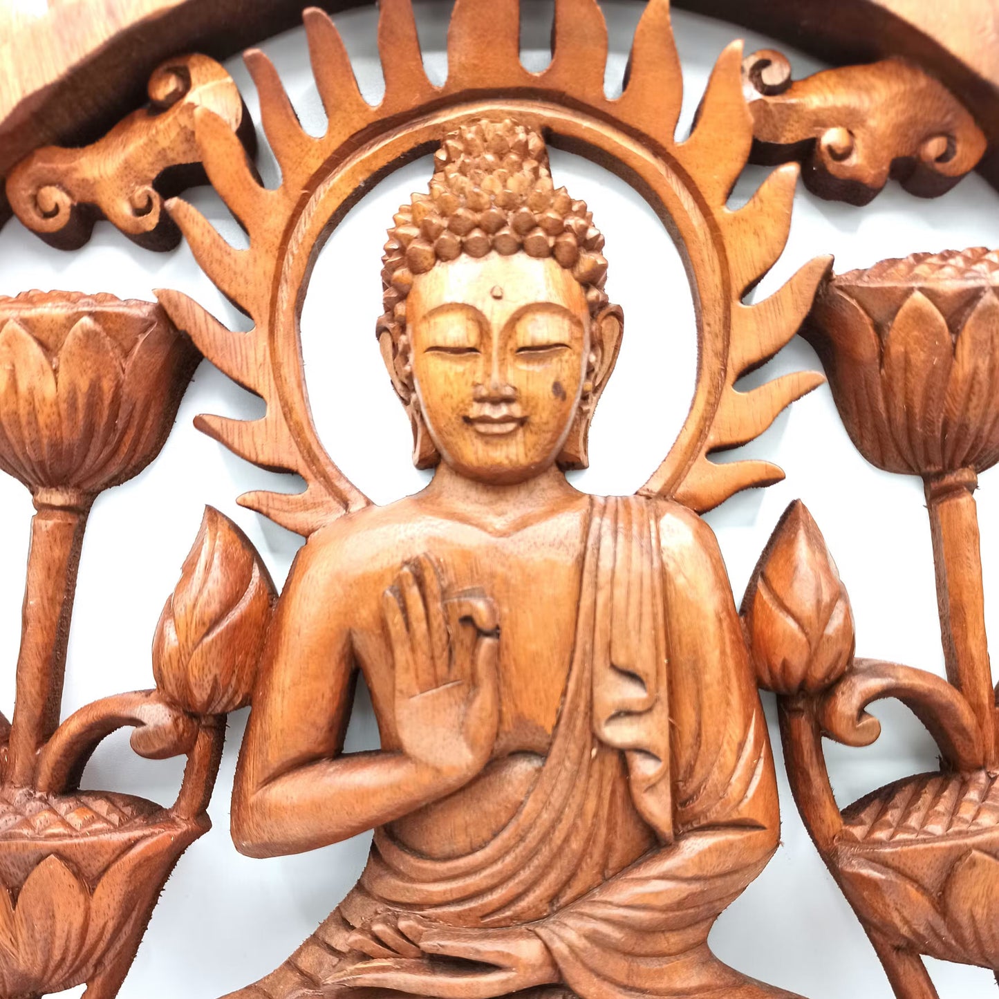 Buddha and Lotus Flower - Handmade Decorative Suar Wooden Plaque - 40cm