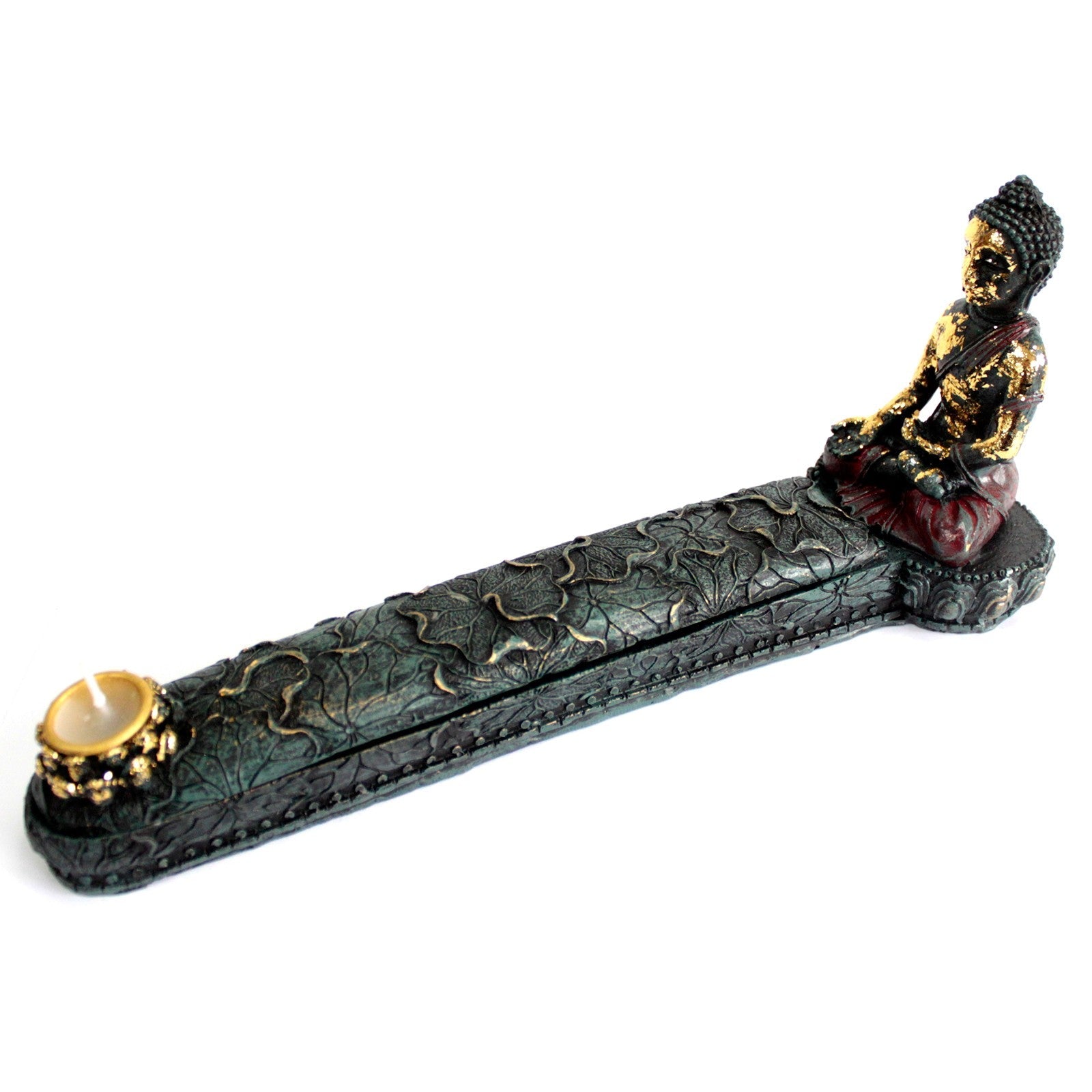 Resin Incense Burner - Buddha with seated figure at one end of an open patterned tray and round gold-toned holder at the other by Quintessential Holistic Health Ltd