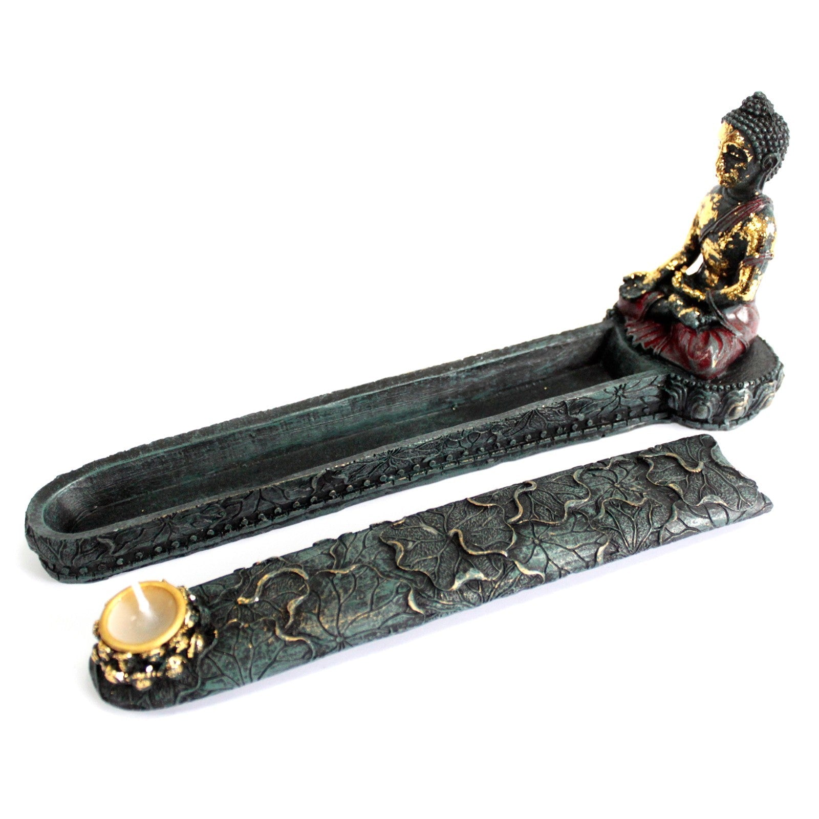 Resin Incense Burner - Buddha with seated figure, open patterned dark tray and flower-shaped gold-toned holder by Quintessential Holistic Health Ltd