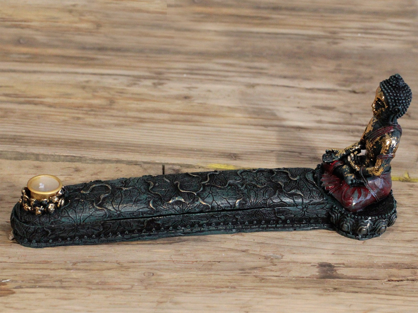 Resin Incense Burner - Buddha with seated figure, elongated embossed dark tray and round gold-toned holder by Quintessential Holistic Health Ltd