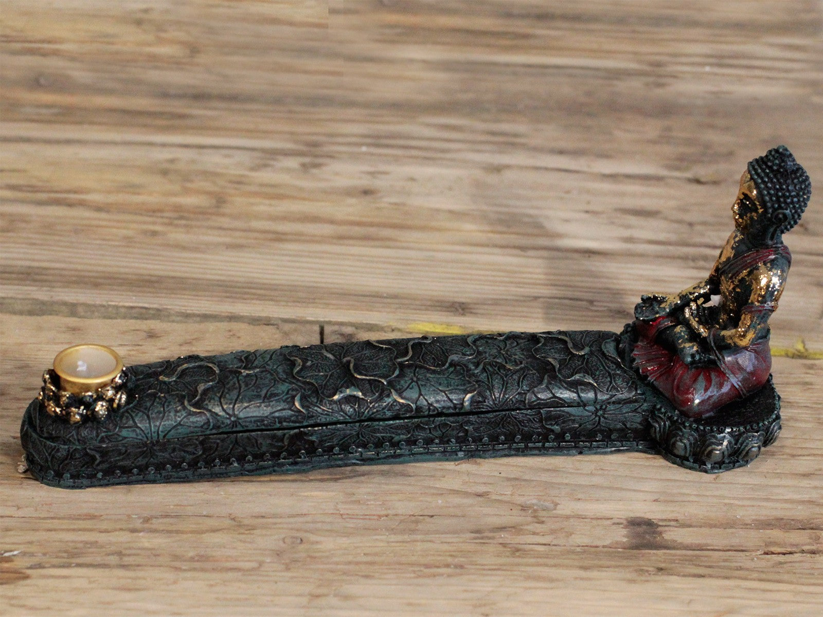 Resin Incense Burner - Buddha with seated figure, elongated embossed dark tray and round gold-toned holder by Quintessential Holistic Health Ltd