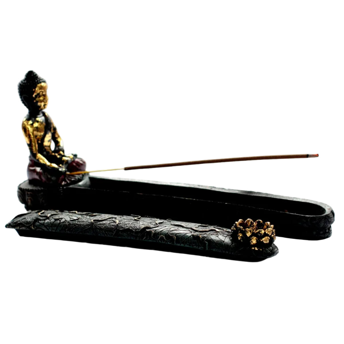 Resin Incense Burner - Buddha with seated figure, long dark tray, incense stick and small gold flower detail by Quintessential Holistic Health Ltd