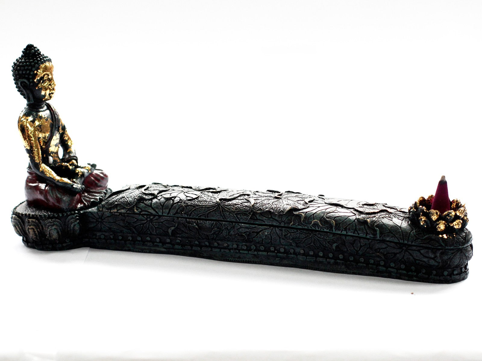 Resin Incense Burner - Buddha with gold-accented seated figure, textured dark tray and red bud-shaped holder by Quintessential Holistic Health Ltd