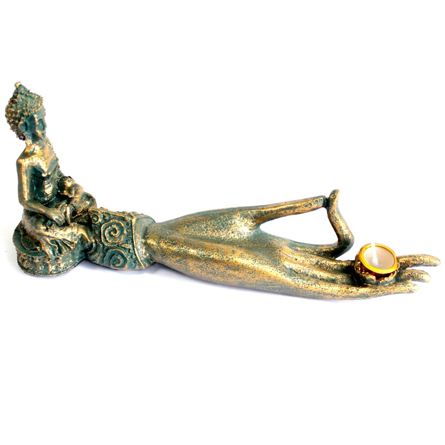 Resin Incense Burner - Buddha Hand, 25 × 7 × 11cm with seated figure, patterned sleeve and round gold-toned holder on the palm by Quintessential Holistic Health Ltd