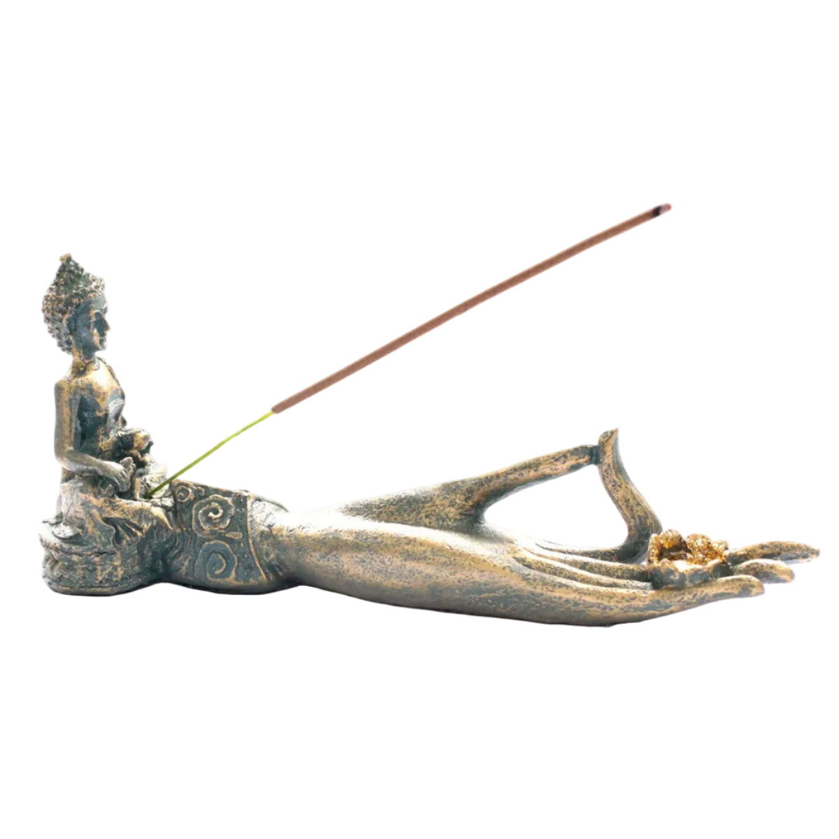 Resin Incense Burner - Buddha Hand, 25 × 7 × 11cm with seated figure, long open hand and upright incense stick by Quintessential Holistic Health Ltd