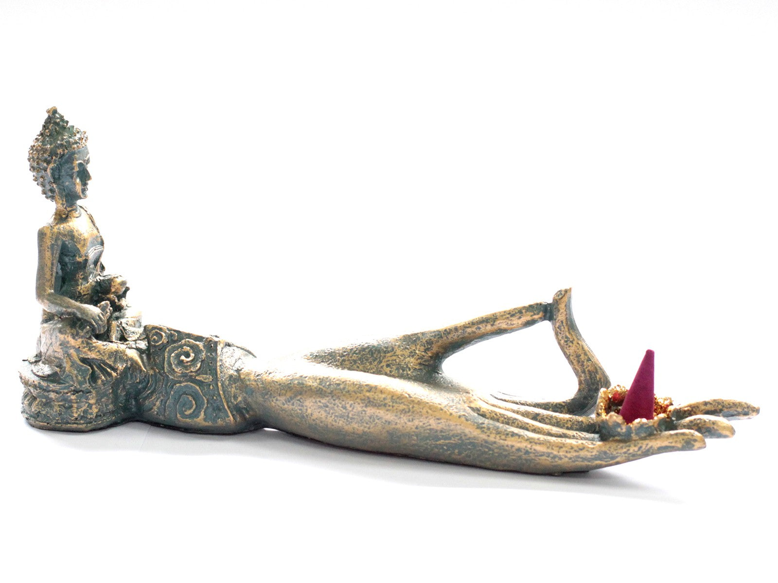 Resin Incense Burner - Buddha Hand, 25 × 7 × 11cm with seated figure, extended gold-toned fingers and pink cone by Quintessential Holistic Health Ltd