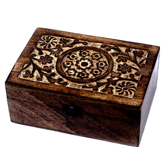 Mango Wood Hand Carved Aromatherapy Essential Oil Box - Floral Design for 24 Bottles product packaging on clean background from Quintessential Holistic Health Ltd