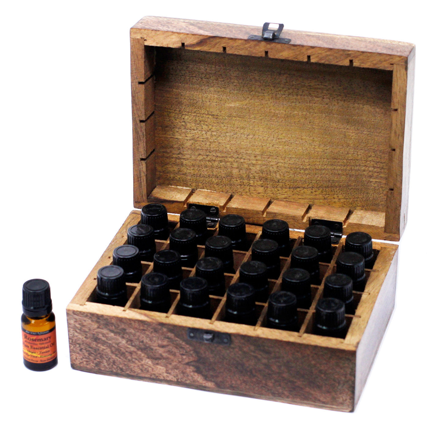 Mango Wood Hand Carved Aromatherapy Essential Oil Box - Floral Design for 24 Bottles product packaging on clean background from Quintessential Holistic Health Ltd