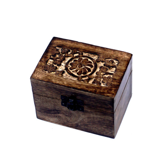 Mango Wood Hand Carved Aromatherapy Essential Oil Box - Floral Design for 6 Bottles product packaging on clean background from Quintessential Holistic Health Ltd