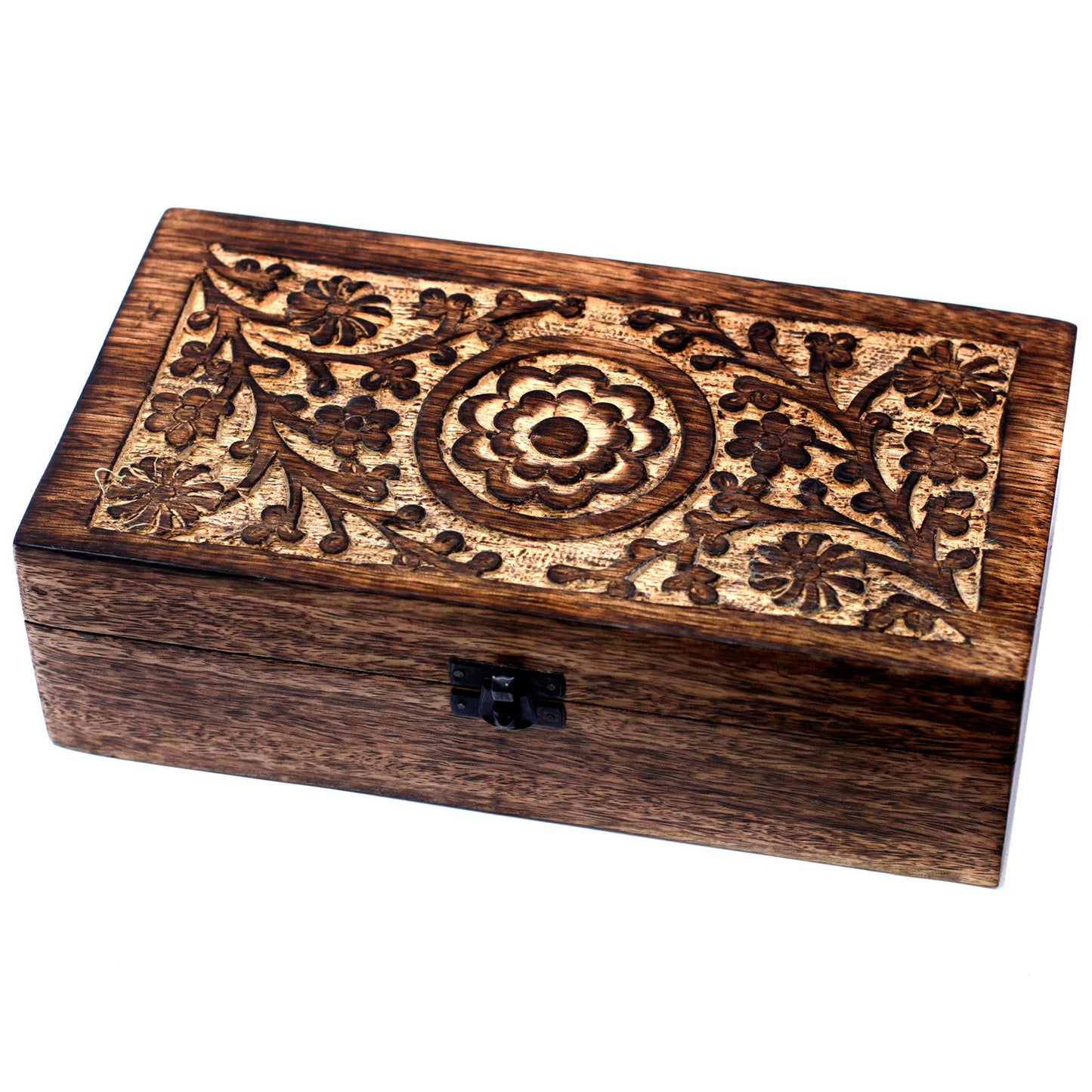 Mango Wood Hand Carved Aromatherapy Essential Oil Box - Floral Design for 32 Bottles product packaging on clean background from Quintessential Holistic Health Ltd