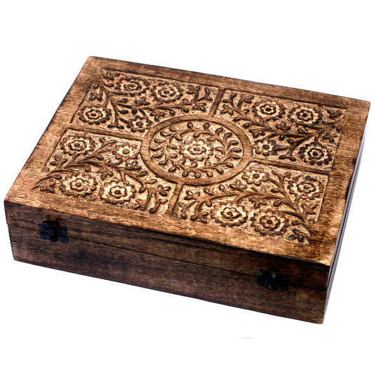 Mango Wood Hand Carved Aromatherapy Essential Oil Box - Floral Design for 80 Bottles product packaging on clean background from Quintessential Holistic Health Ltd