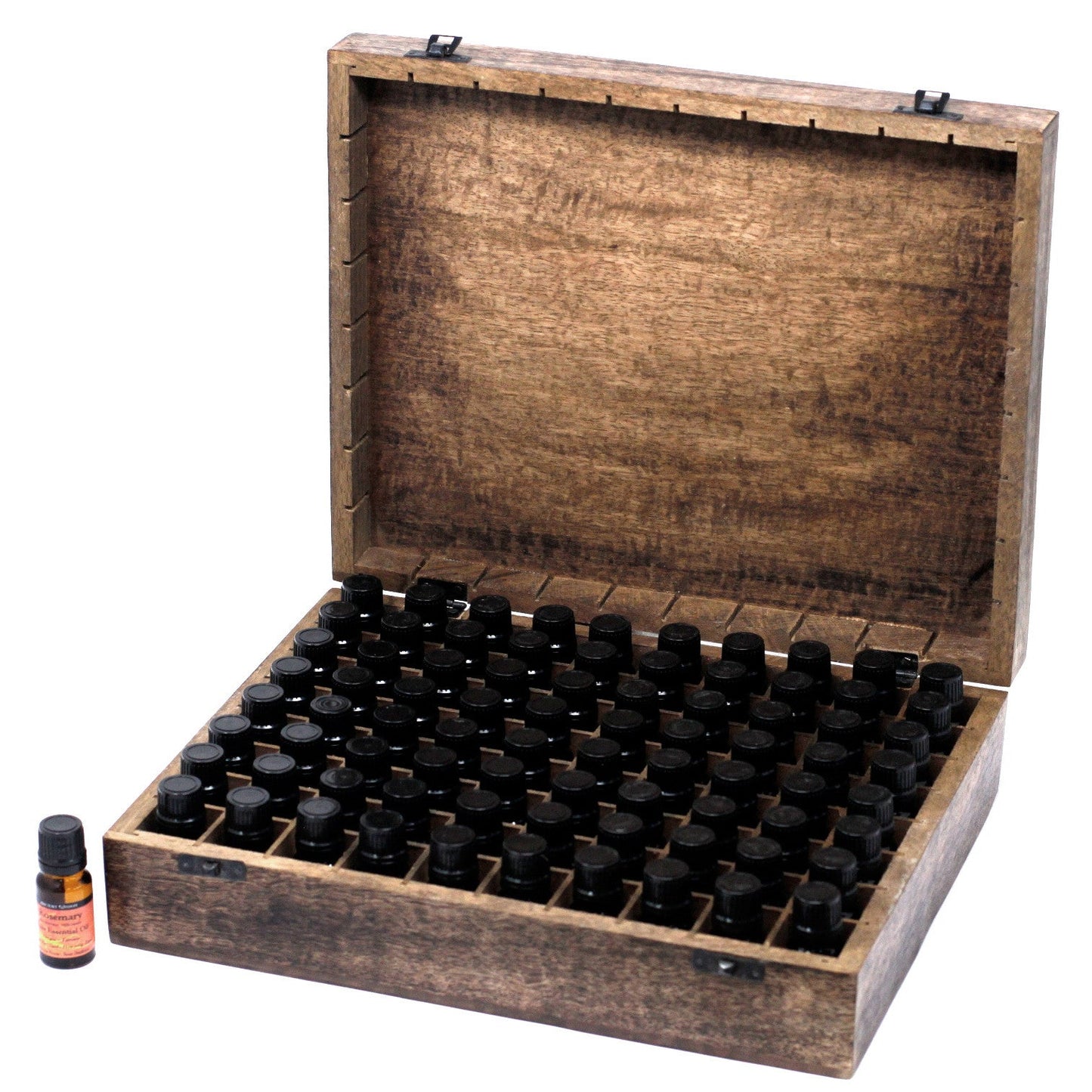 Mango Wood Hand Carved Aromatherapy Essential Oil Box - Floral Design for 80 Bottles product packaging on clean background from Quintessential Holistic Health Ltd