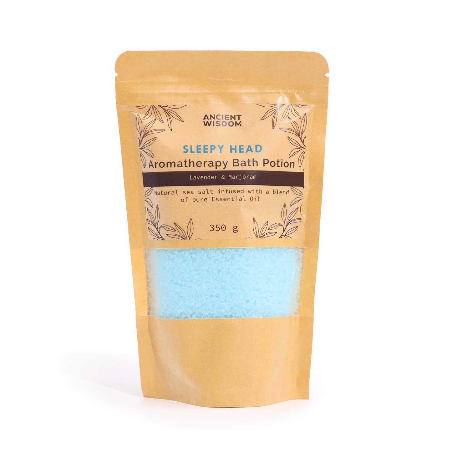 Aromatherapy Bath Potion - Sleepy Head - 350g, tan resealable pouch with a clear window showing blue granules by Quintessential Holistic Health Ltd