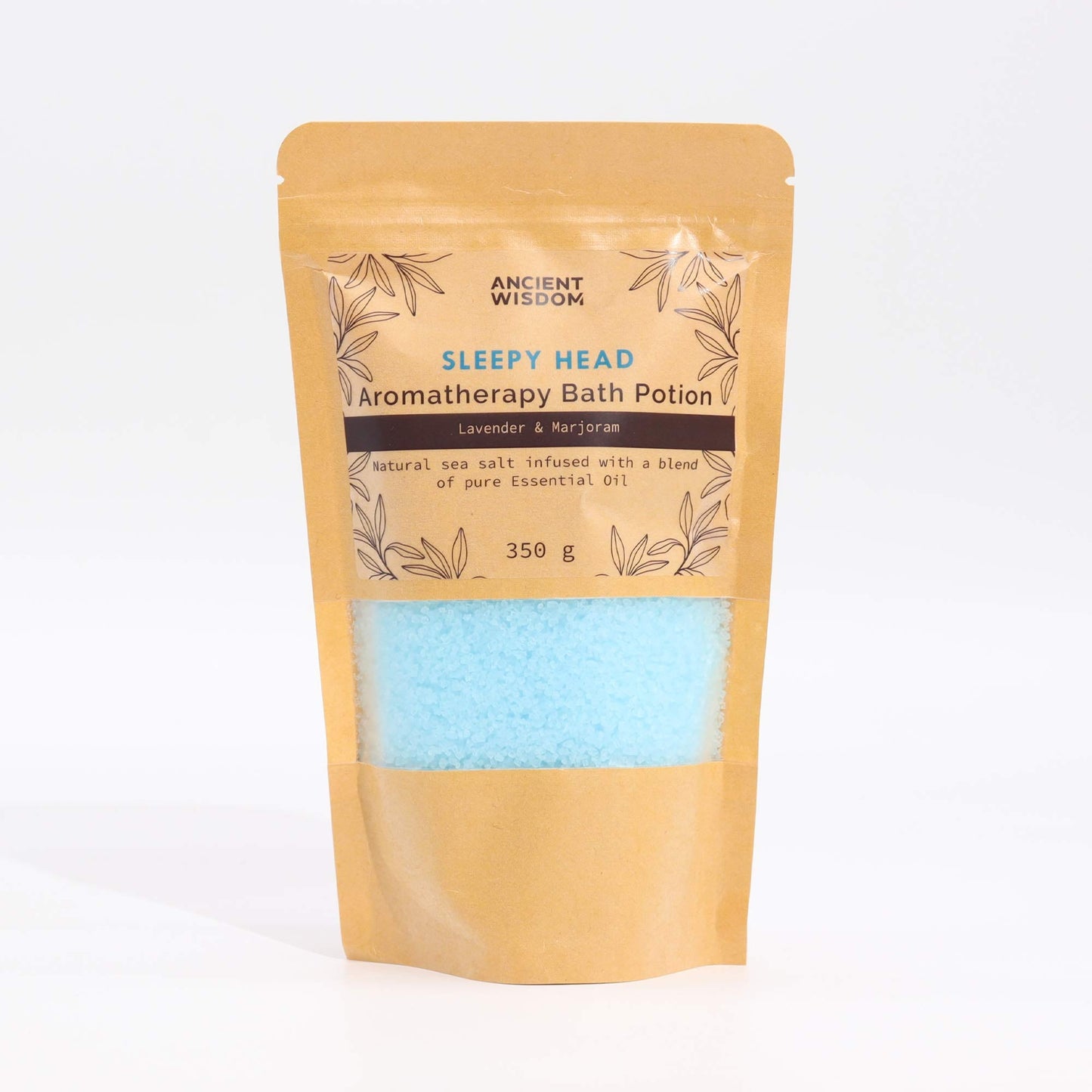 Aromatherapy Bath Potion - Sleepy Head - 350g, full tan resealable pouch shown upright with blue granules visible by Quintessential Holistic Health Ltd