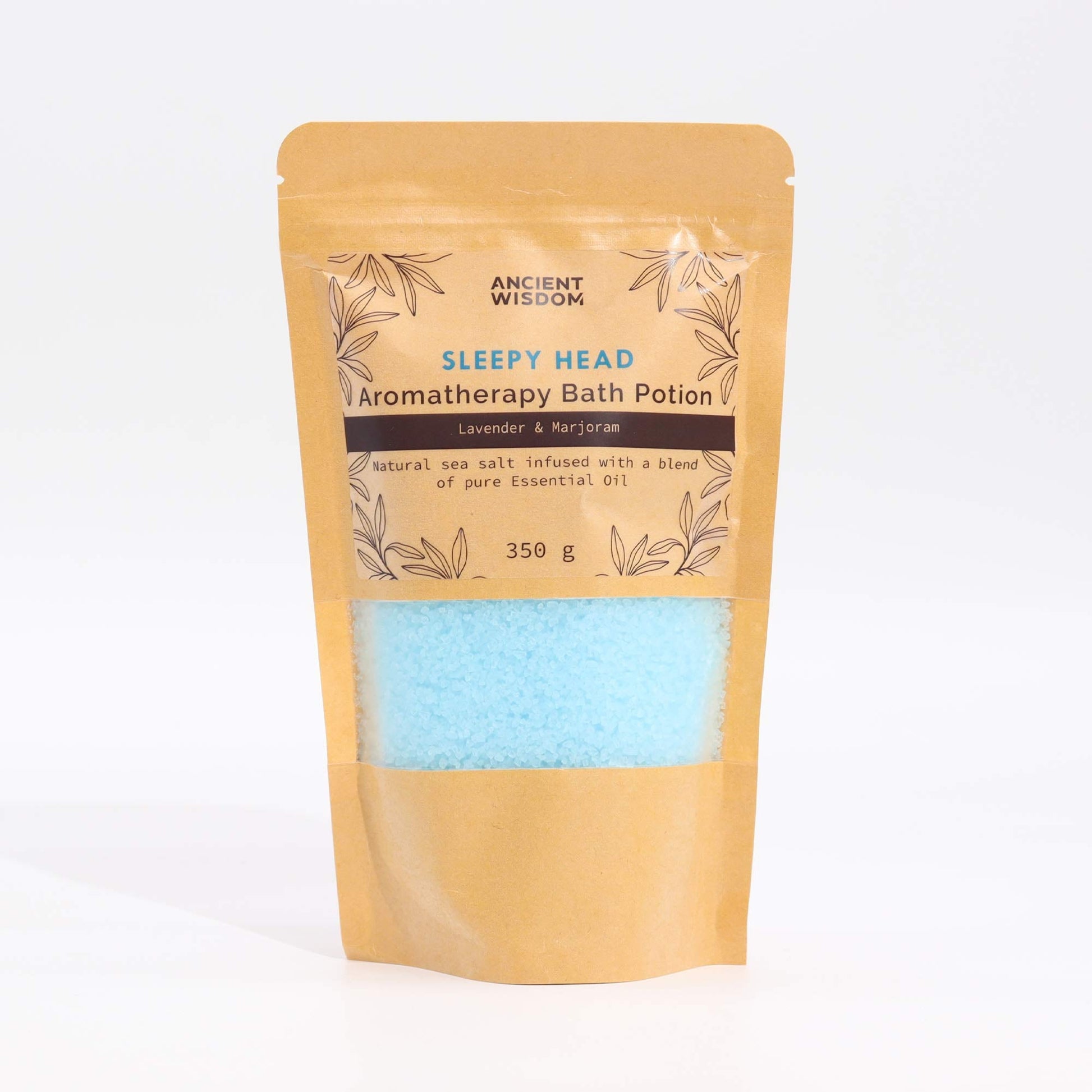 Aromatherapy Bath Potion - Sleepy Head - 350g, full tan resealable pouch shown upright with blue granules visible by Quintessential Holistic Health Ltd